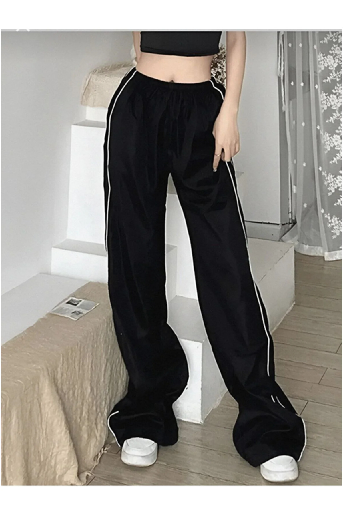 pandy Harajuku fekete túlméretezett csíkos részletes melegítőnadrág