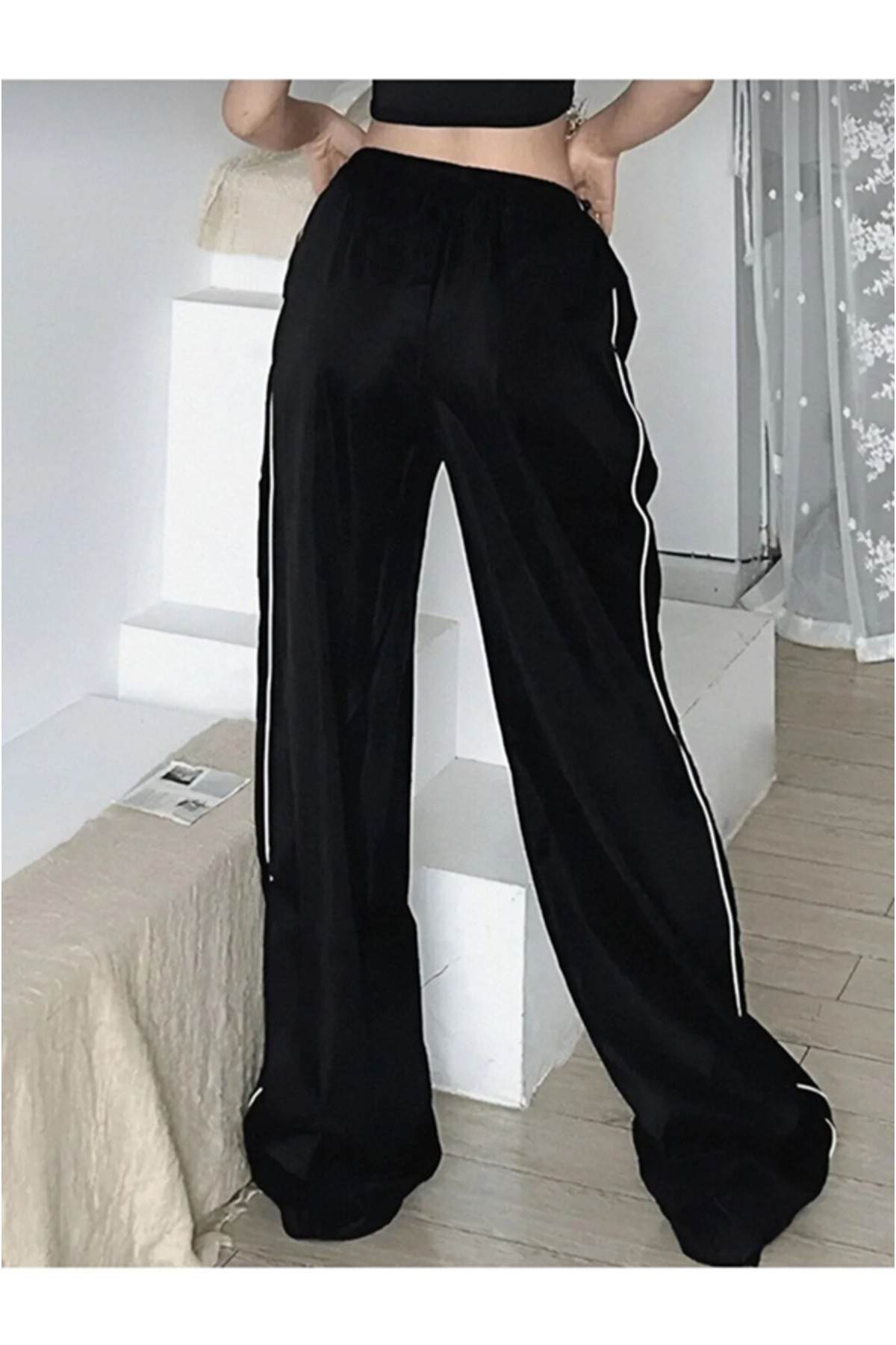 pandy Harajuku fekete túlméretezett csíkos részletes melegítőnadrág