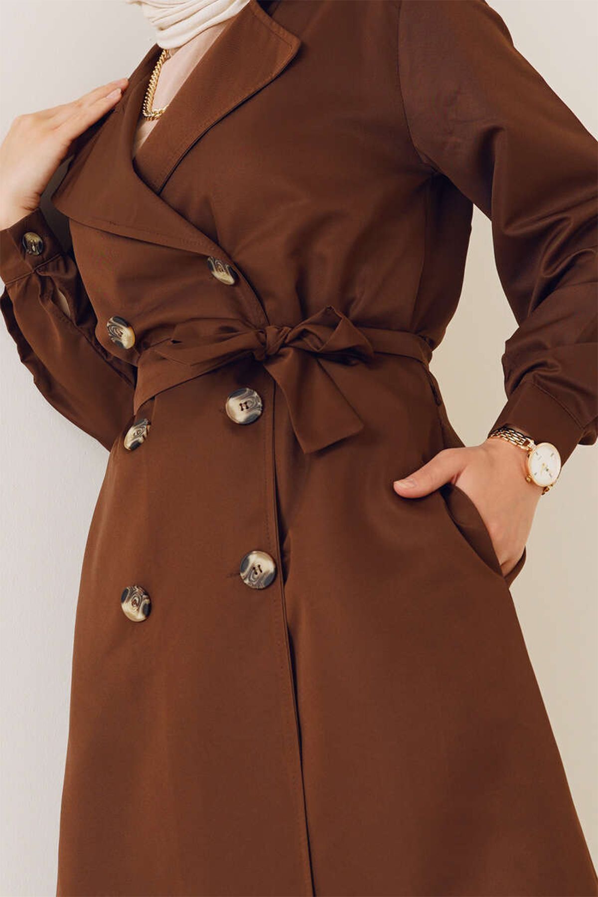 Bigdart-T5853 Model Brown Hijab Trench Coat - Double Breasted Collar 3