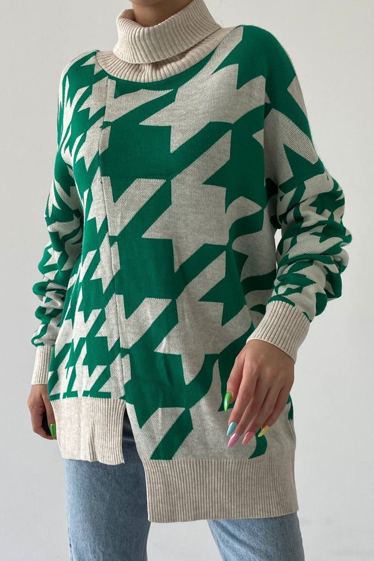 vuvutasarım-Asymmetrisch gemusterter Strickstoff Rollkragendesign Oversize-Pullover 193 2