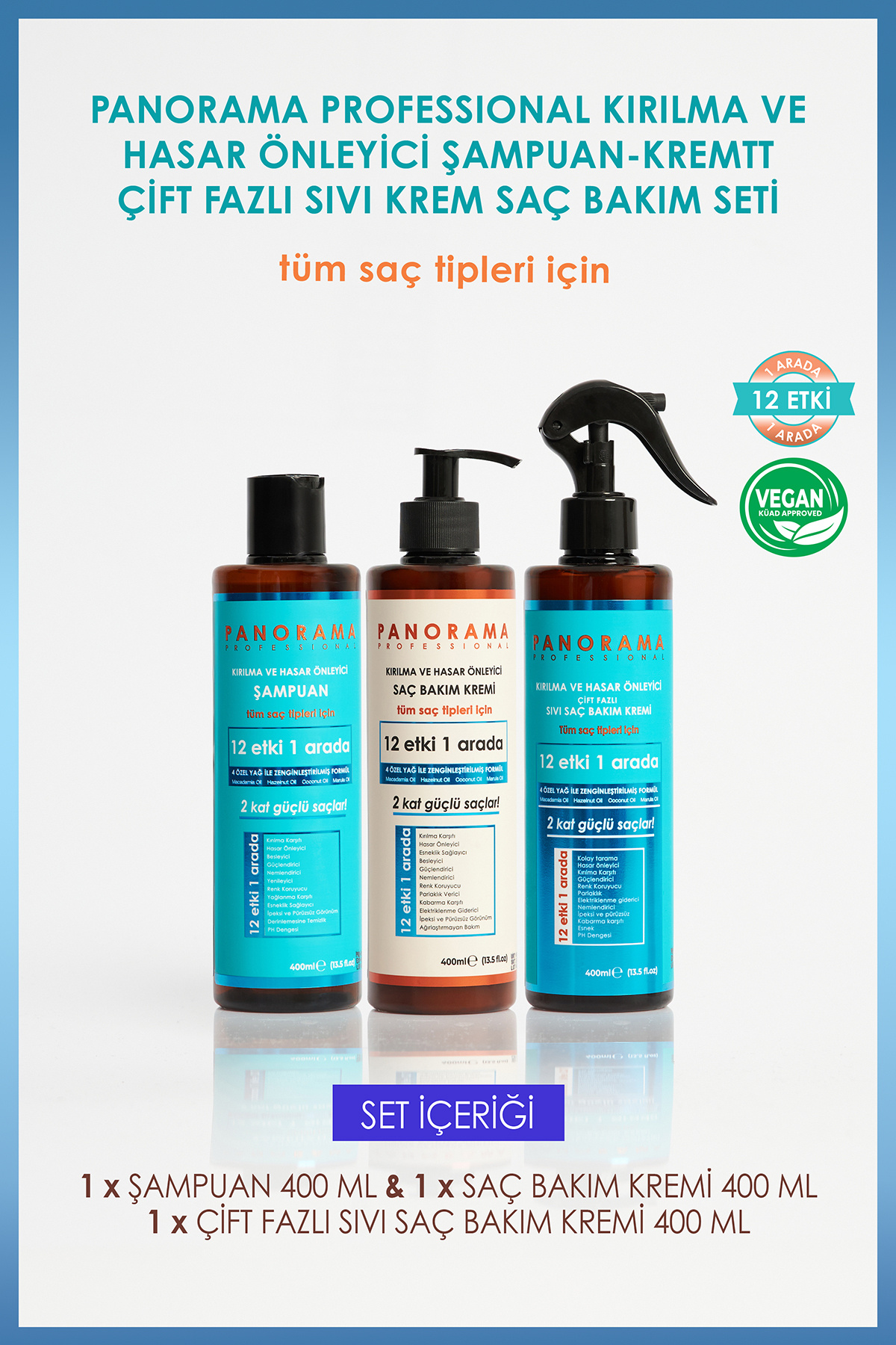 PANORAMA PROFESSIONAL Professional Kırılma Ve Hasar Önleyici Bakım Seti 400 ml Şampuan-saçkremi-fön Suyu Vegan — KH003