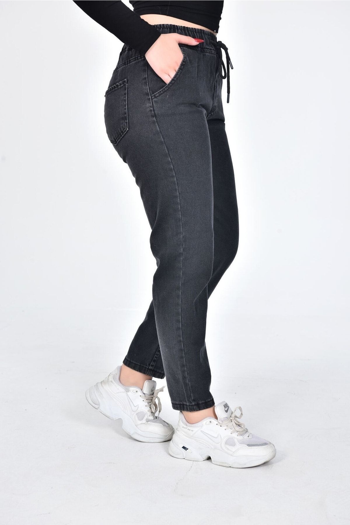 ZEREN MODA-High Waist Narrow Leg Elastic Lace-up Mom Jean Jeans 3