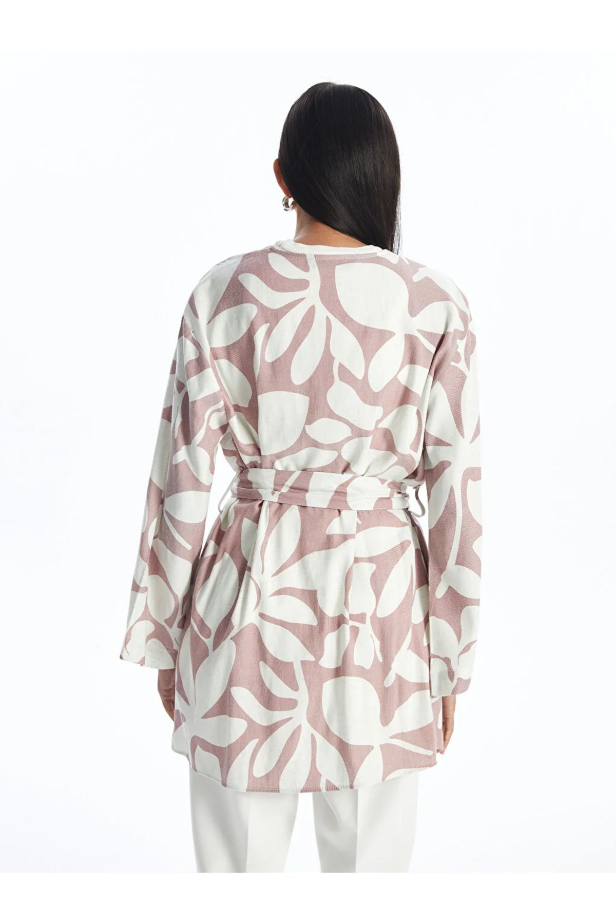 LCW Modest Şal Yaka Desenli Uzun Kollu Oversize Keten Karışımlı Kadın Kimono
