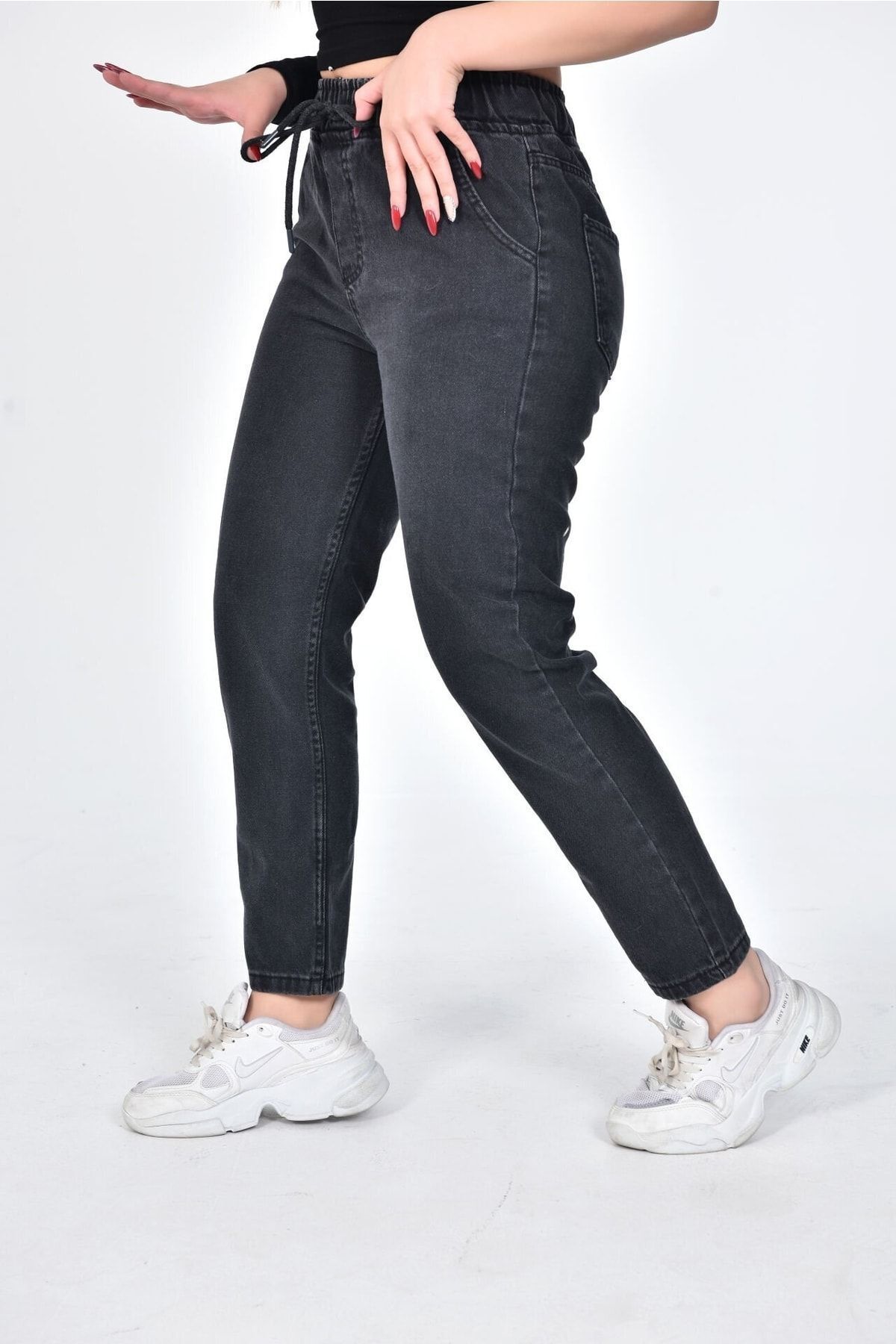 ZEREN MODA-High Waist Narrow Leg Elastic Lace-up Mom Jean Jeans 2
