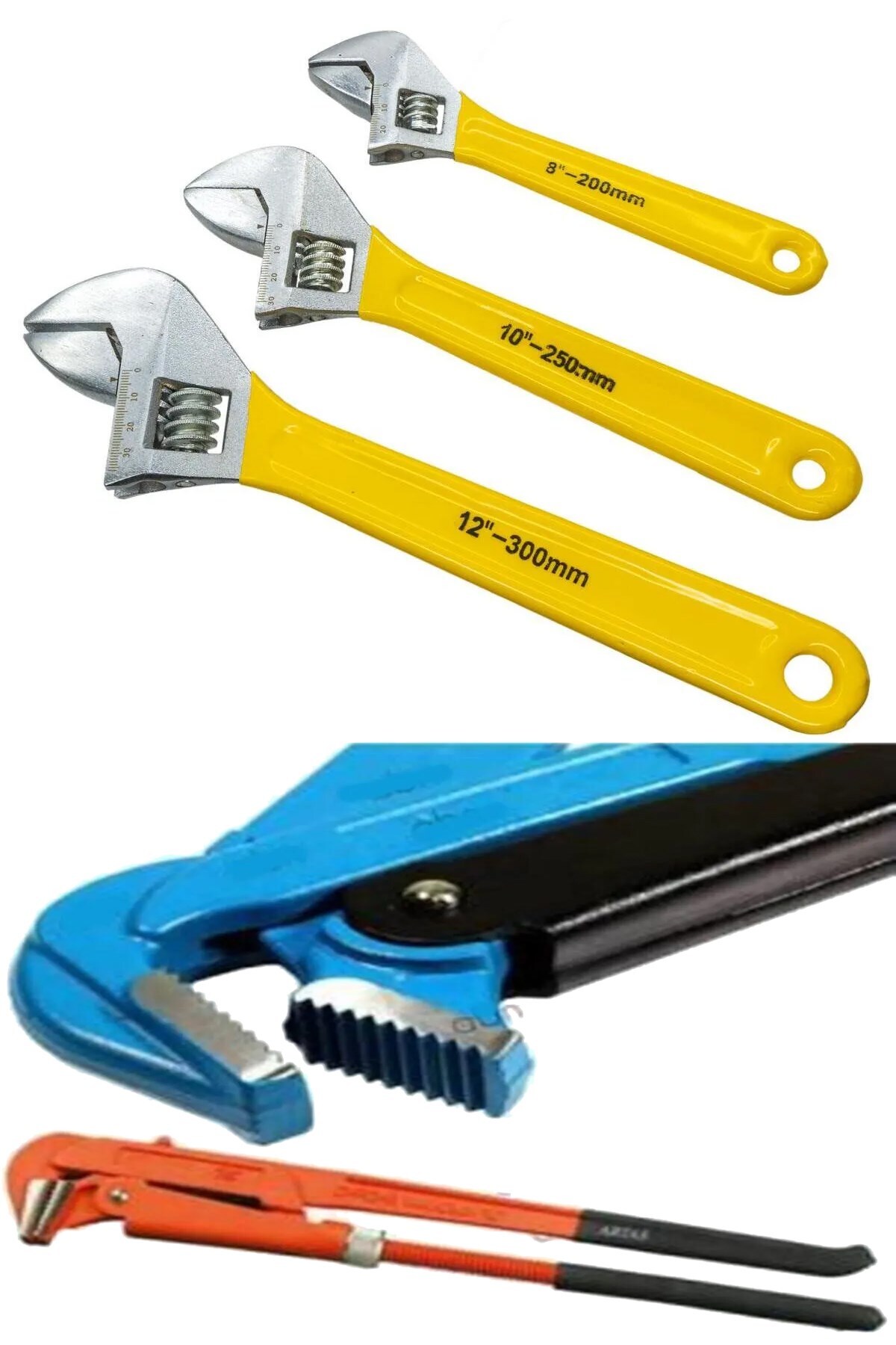 MOONSHOP Kurbağacık Ingiliz Anahtarı Seti Takımı 8" 10" 12 Ayarlı Anahtar Seti Ve 1 Lik Maşalı Boru Anahtarı.