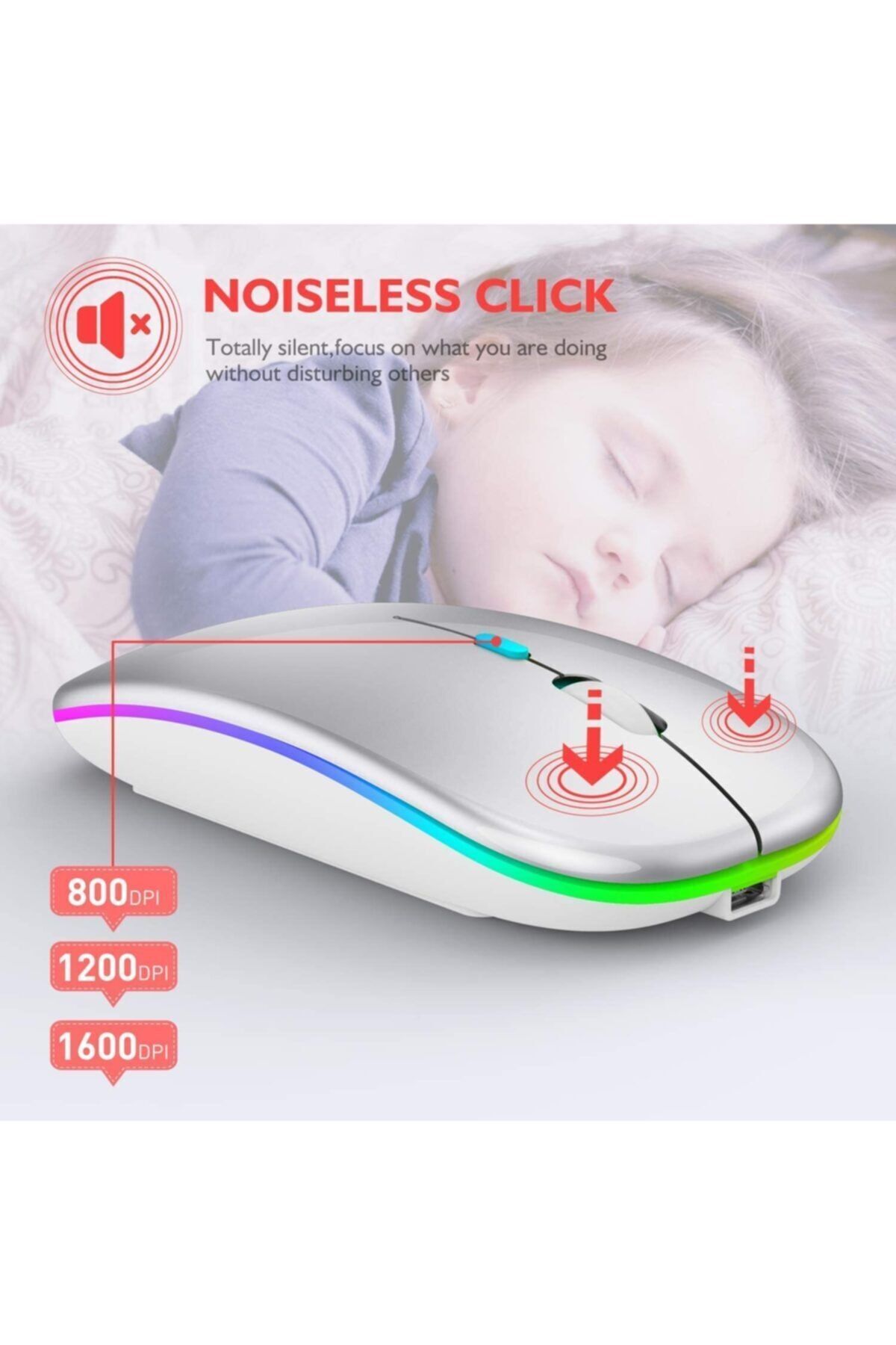 Smw-306r Gümüş 800/1200/1600dpi Şarjlı Mouse Kablosuz Mouse Rgb Süper Sessiz Mouse 4