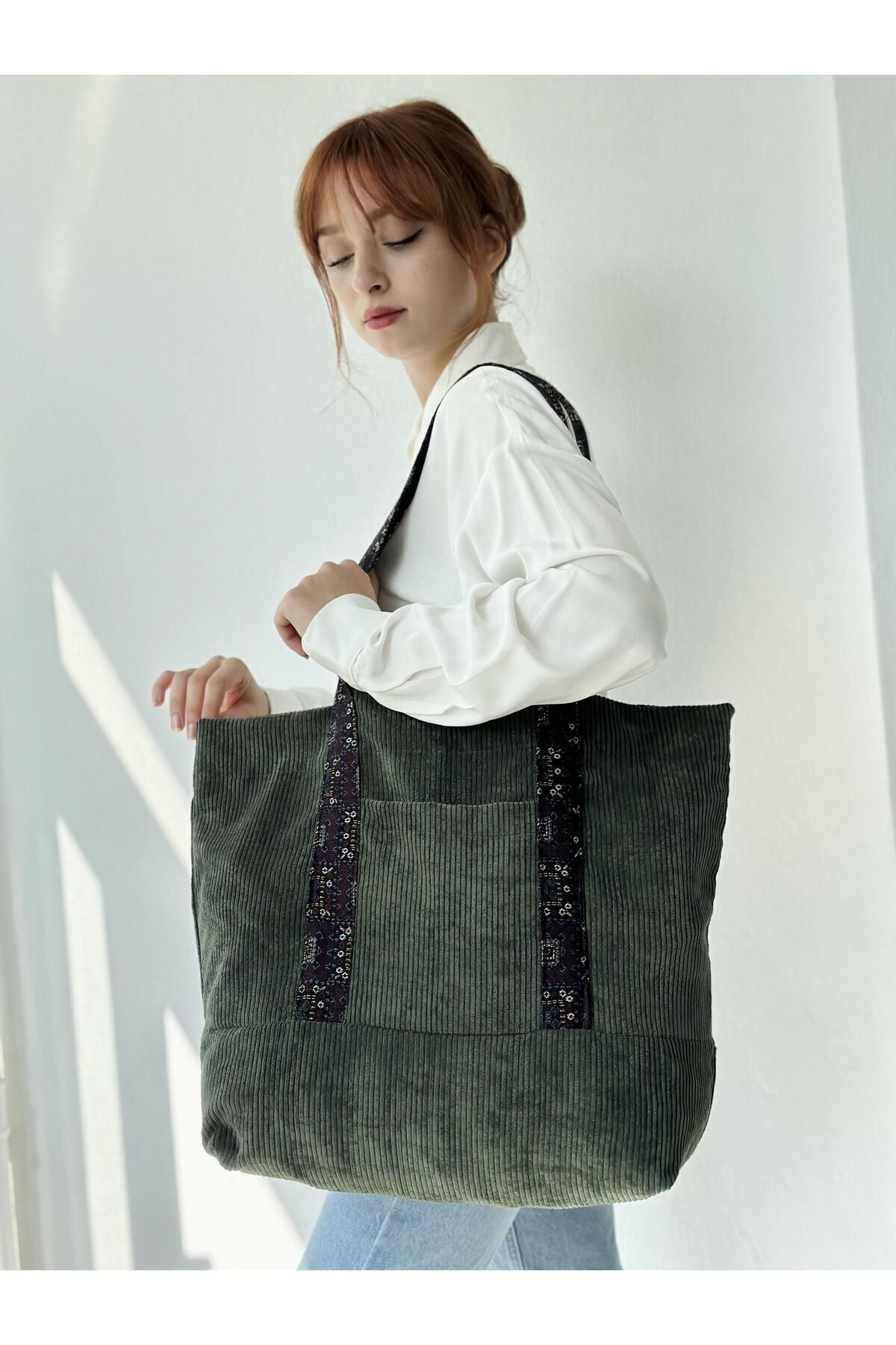 Retrobird-Geantă Tote Catifea Design Geantă Cumparaturi Femei Kaki 4