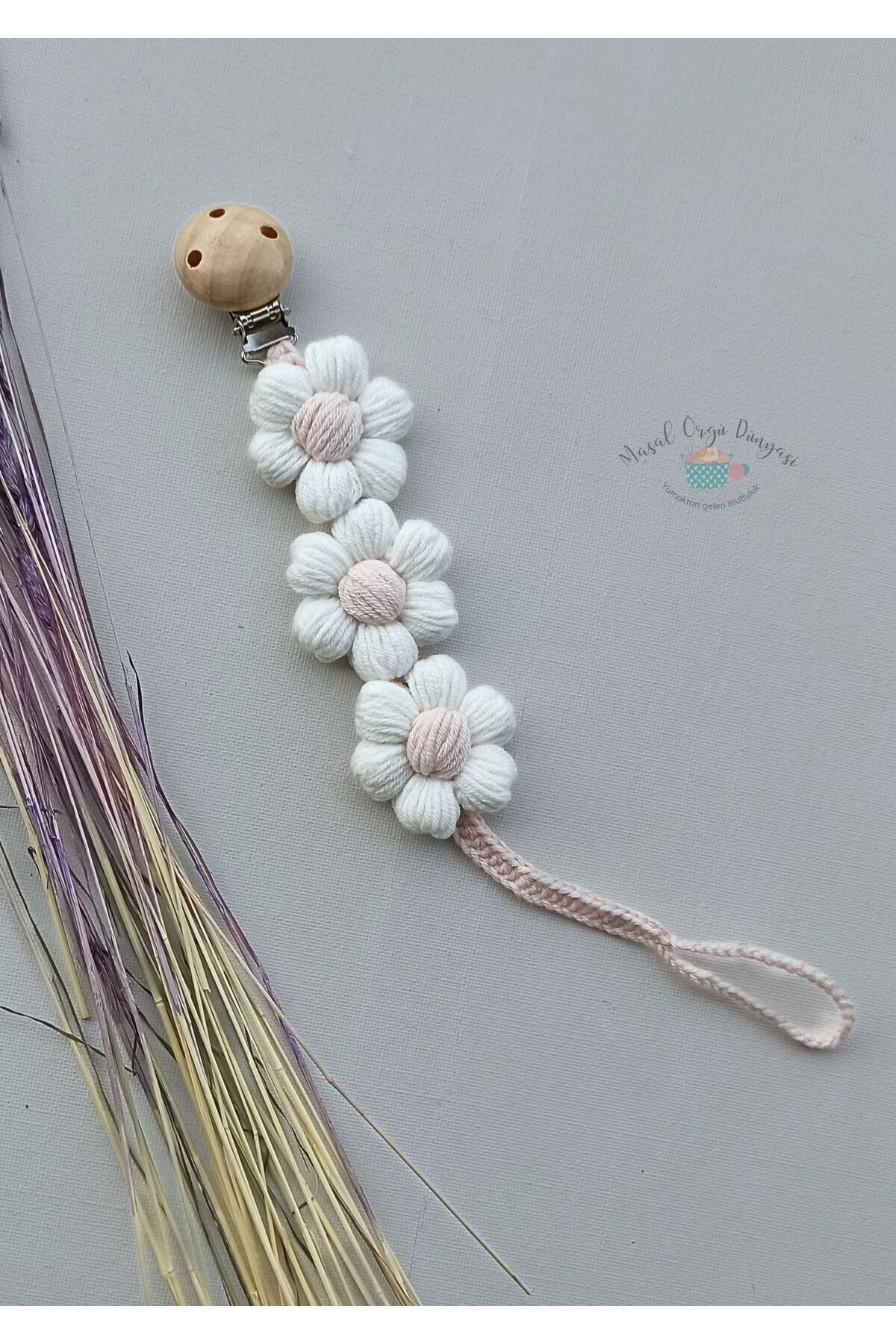 Masal Örgü Dünyası-Puf Papatyam Pacifier Strap/ Chain New Collection from Natural Strings 5