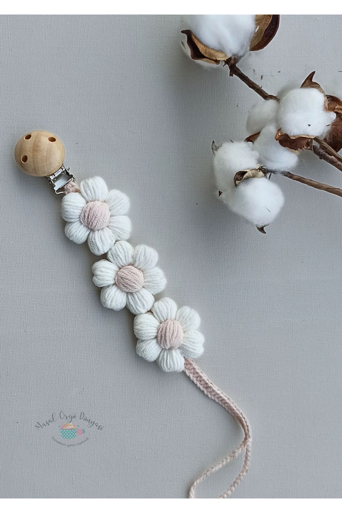 Masal Örgü Dünyası-Puf Papatyam Pacifier Strap/ Chain New Collection from Natural Strings 1