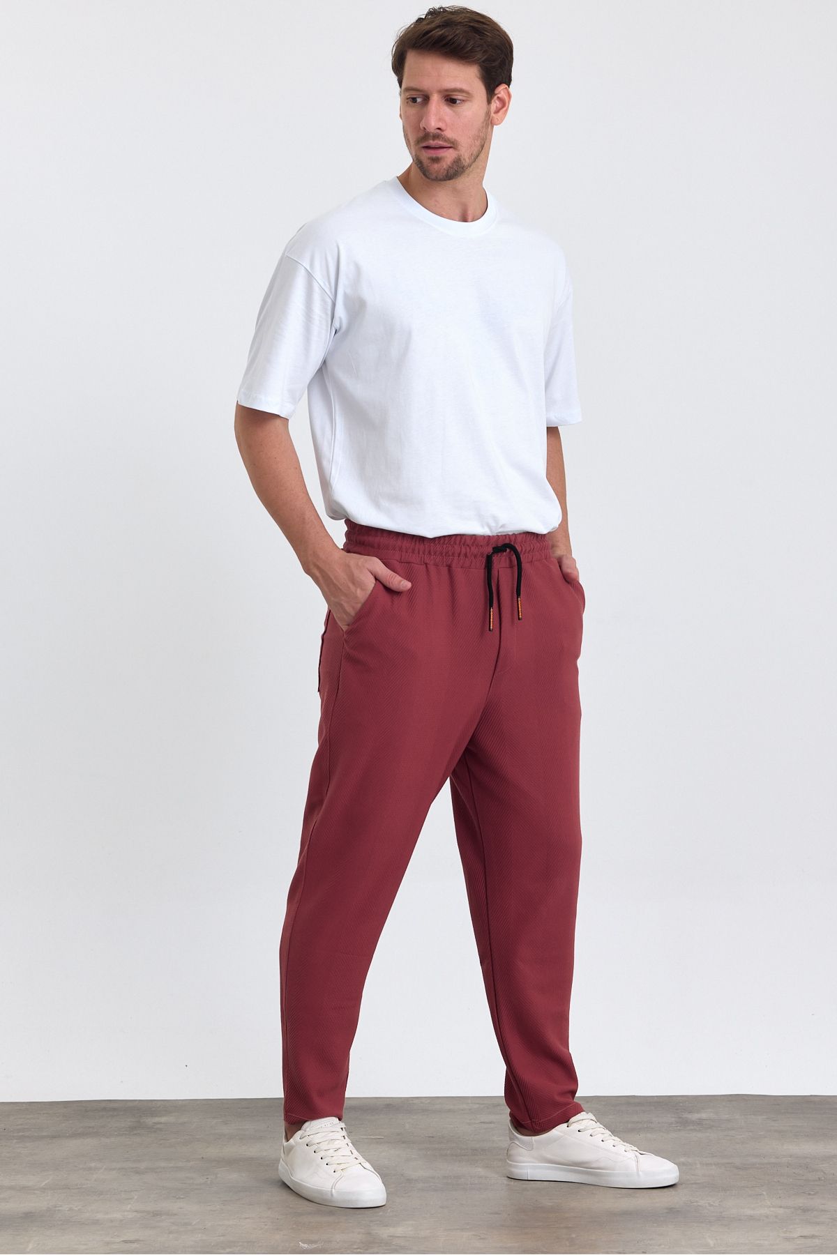 COMBİNE MİCHAİL-Men's Jogger Pants - Lacos Pattern, Cotton, Elastic Waist and Drawstring, Claret Red 7