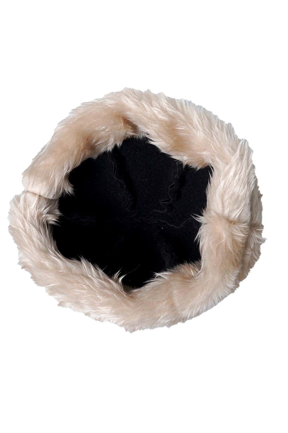 Exve Exclusive-Black Beige Full Fur Inside Winter Warm Pu Leather Women's Börk Hat 7