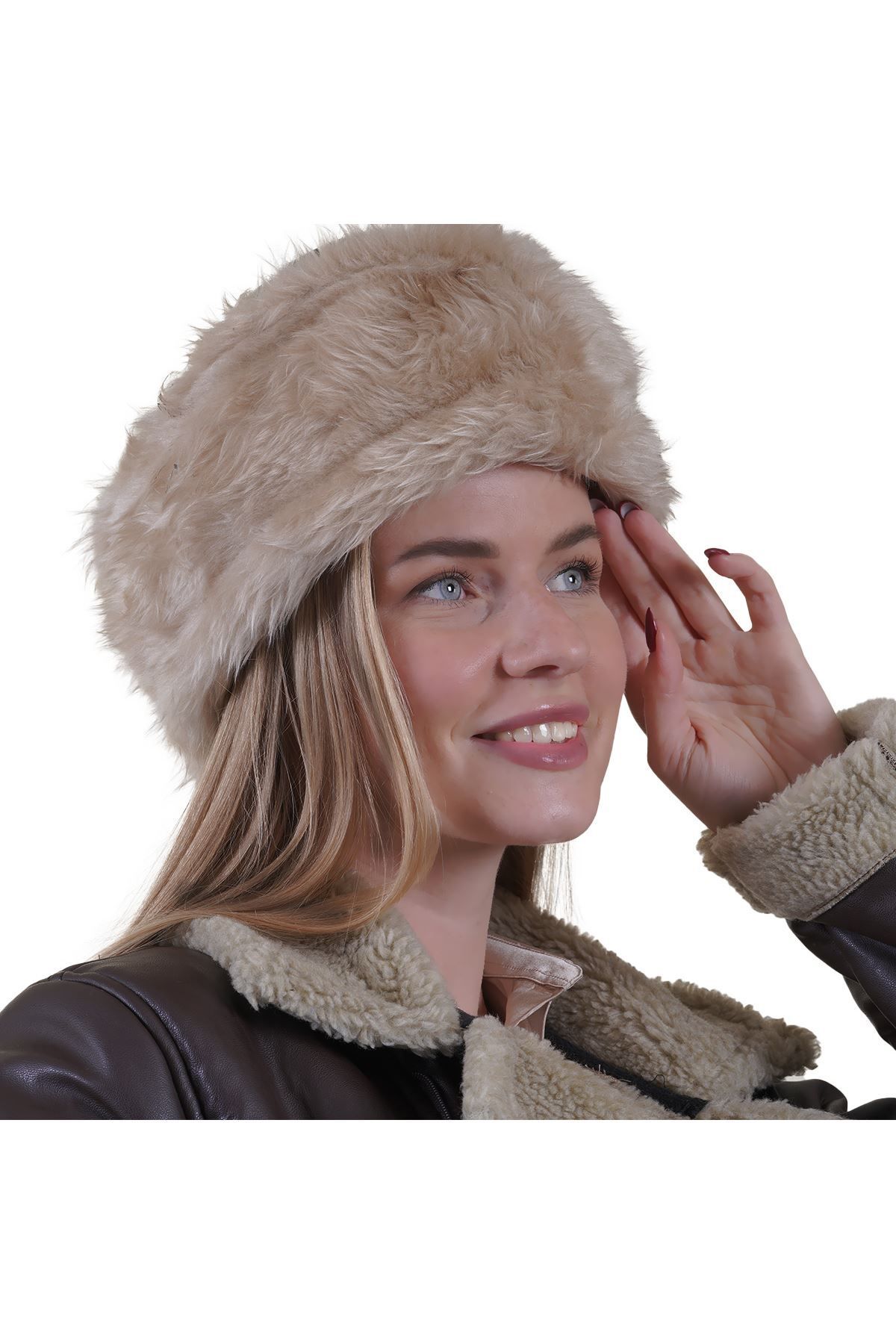 Exve Exclusive-Black Beige Full Fur Inside Winter Warm Pu Leather Women's Börk Hat 8