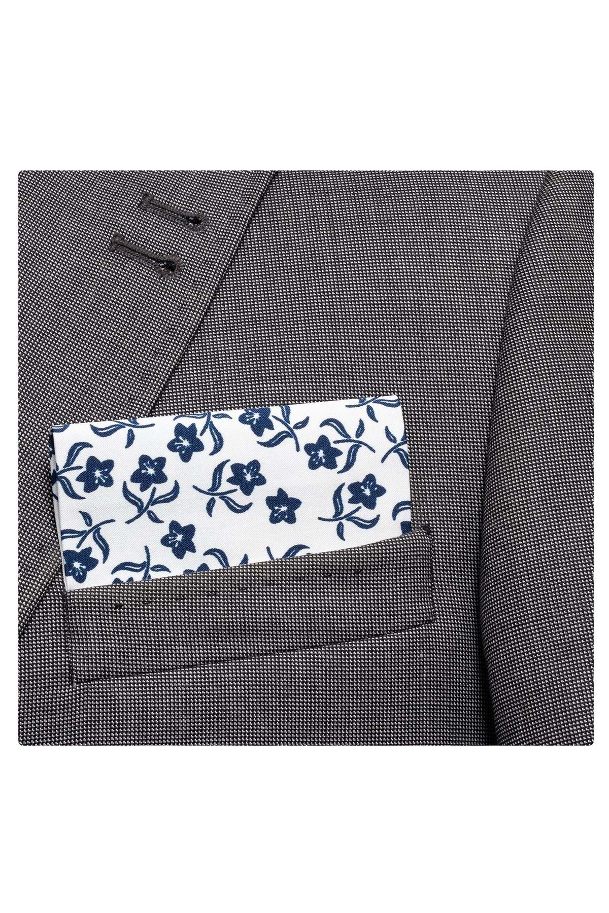 Exve Exclusive Batistă Blazer Pliată, Gata De Utilizare, Cu Guler De Buzunar, Cu Flori Albastre Pe Alb Masculin - One Size