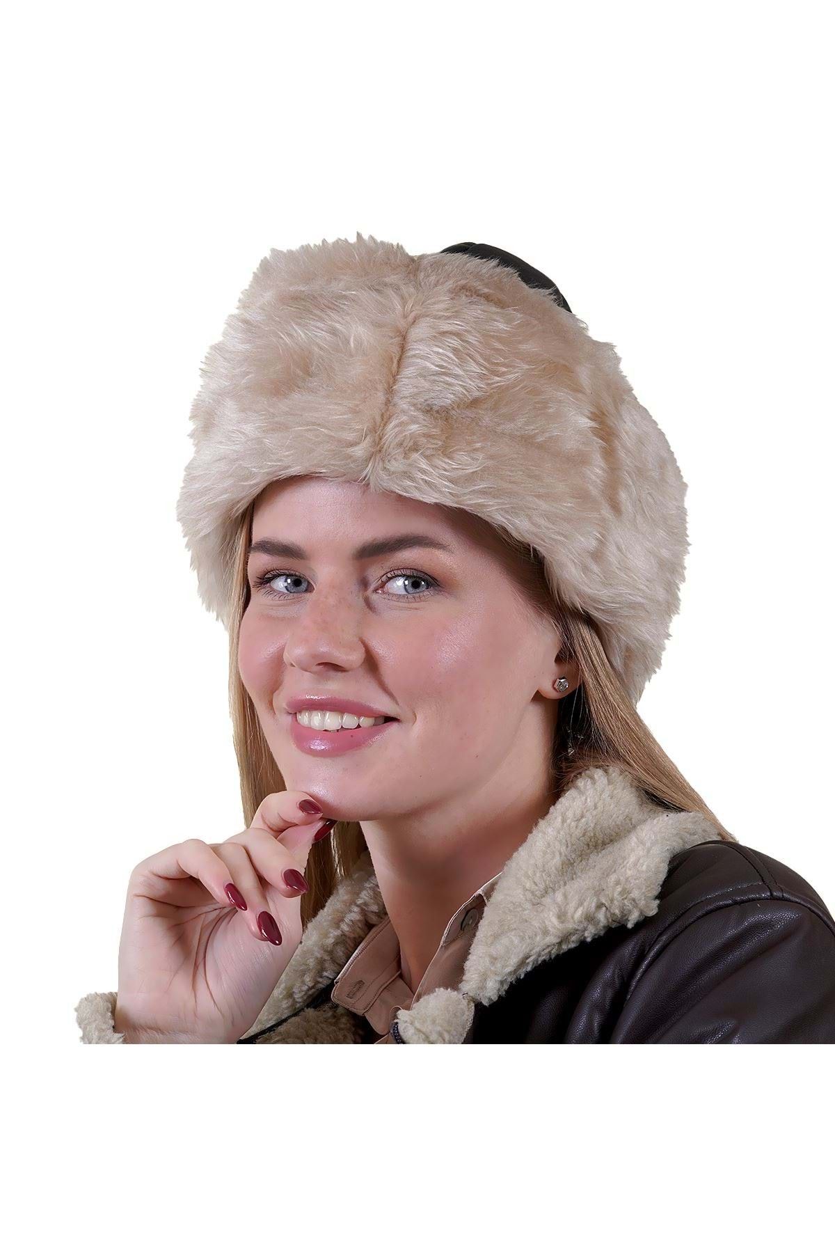 Exve Exclusive-Black Beige Full Fur Inside Winter Warm Pu Leather Women's Börk Hat 2