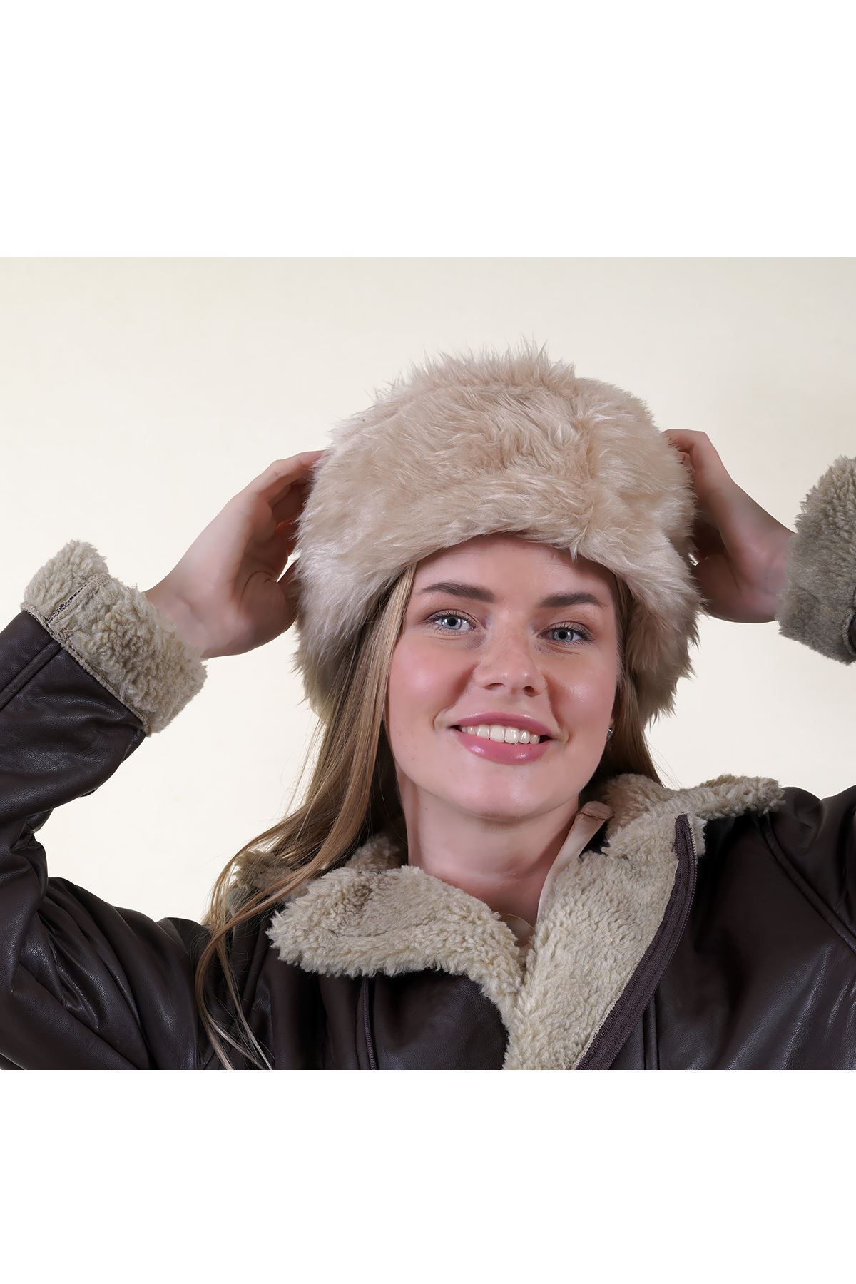 Exve Exclusive-Black Beige Full Fur Inside Winter Warm Pu Leather Women's Börk Hat 6