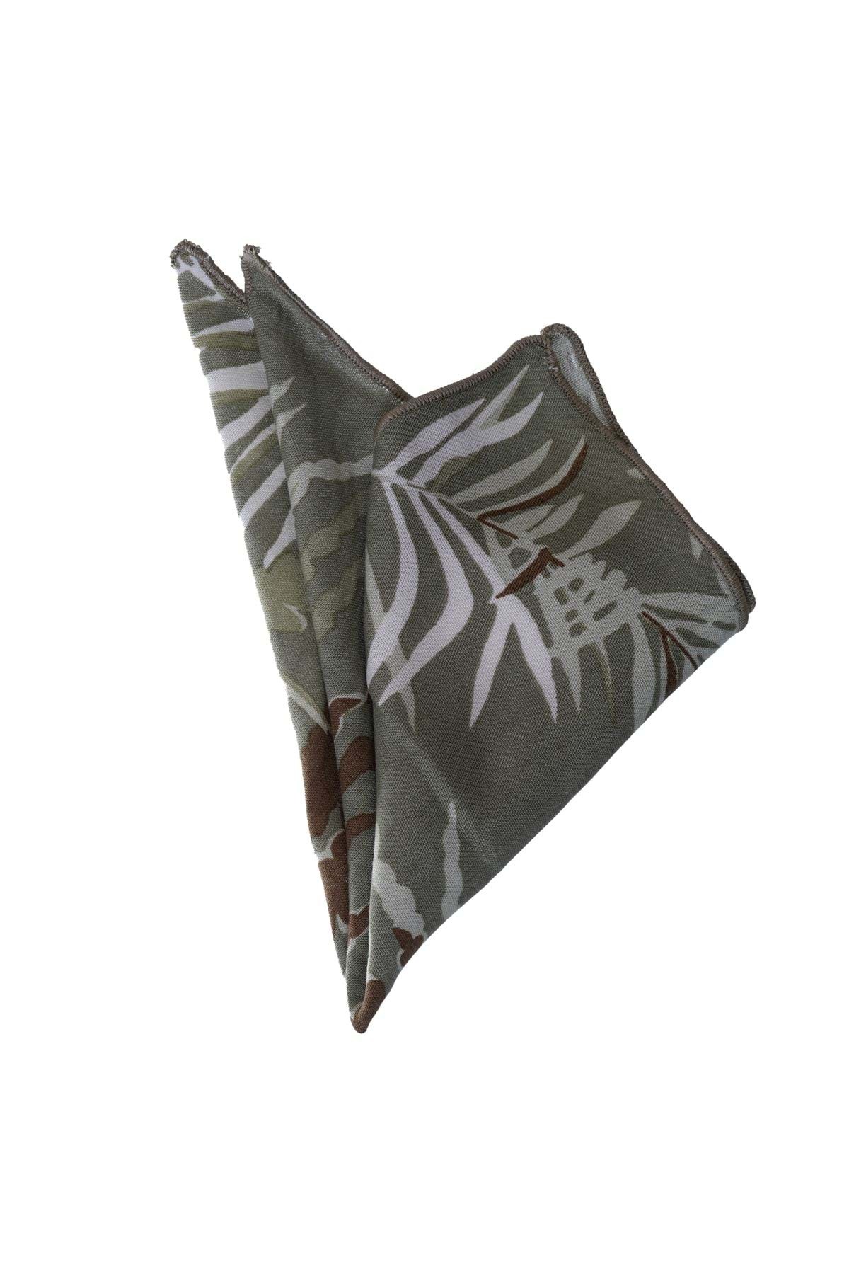 Exve Exclusive Haki Kahverengi Bej Hawaii Desen Baskılı Pamuk Cep Yaka Mendili