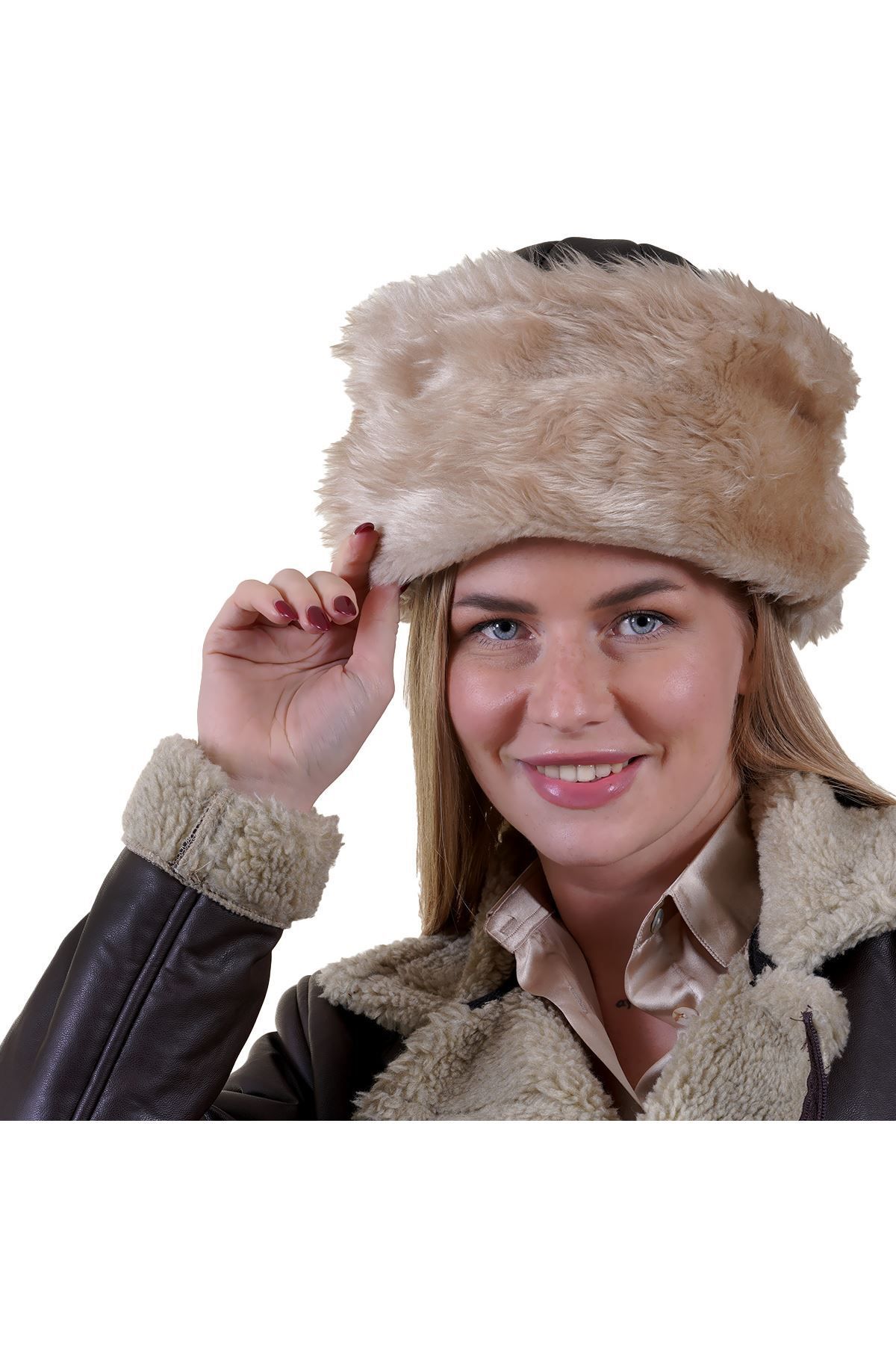 Exve Exclusive-Black Beige Full Fur Inside Winter Warm Pu Leather Women's Börk Hat 4