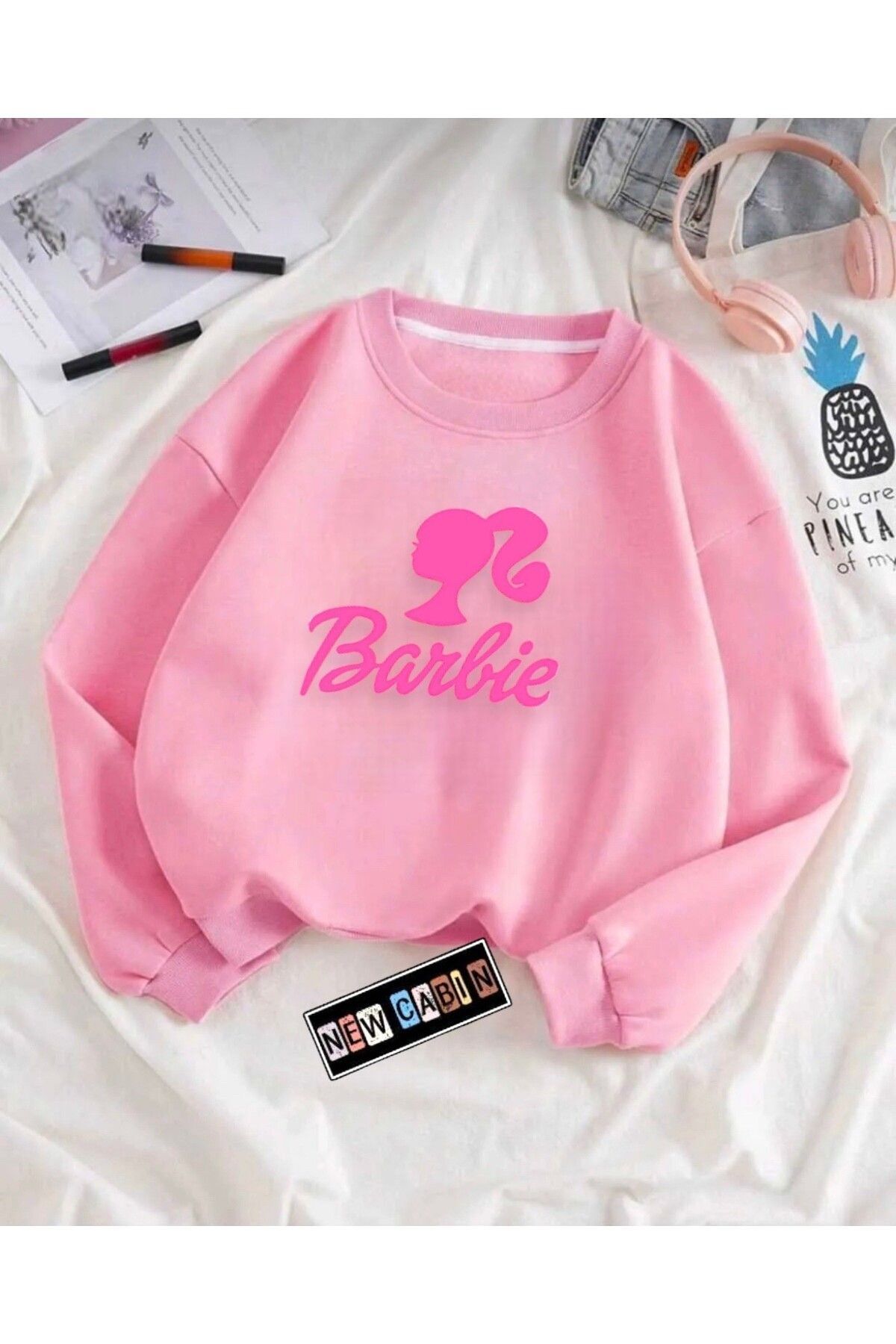 Yeni Sezon Oversize Geniş Kalın Pamuklu (3İPLİK) Barbie Baskılı Pudra Sweat