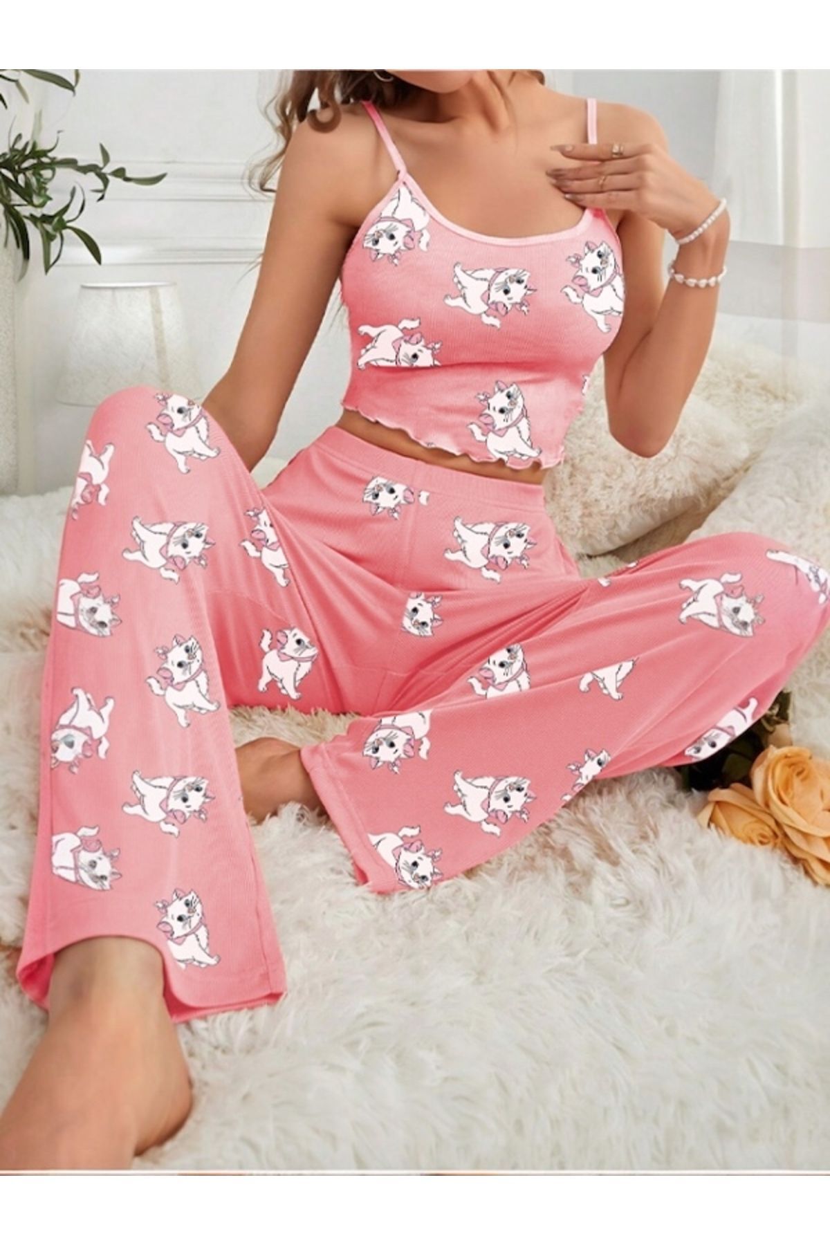 Cesur Set Pijamale Lungi Cu Bretele Pentru Femei Pinkcatbig1 Femeie - L/XL