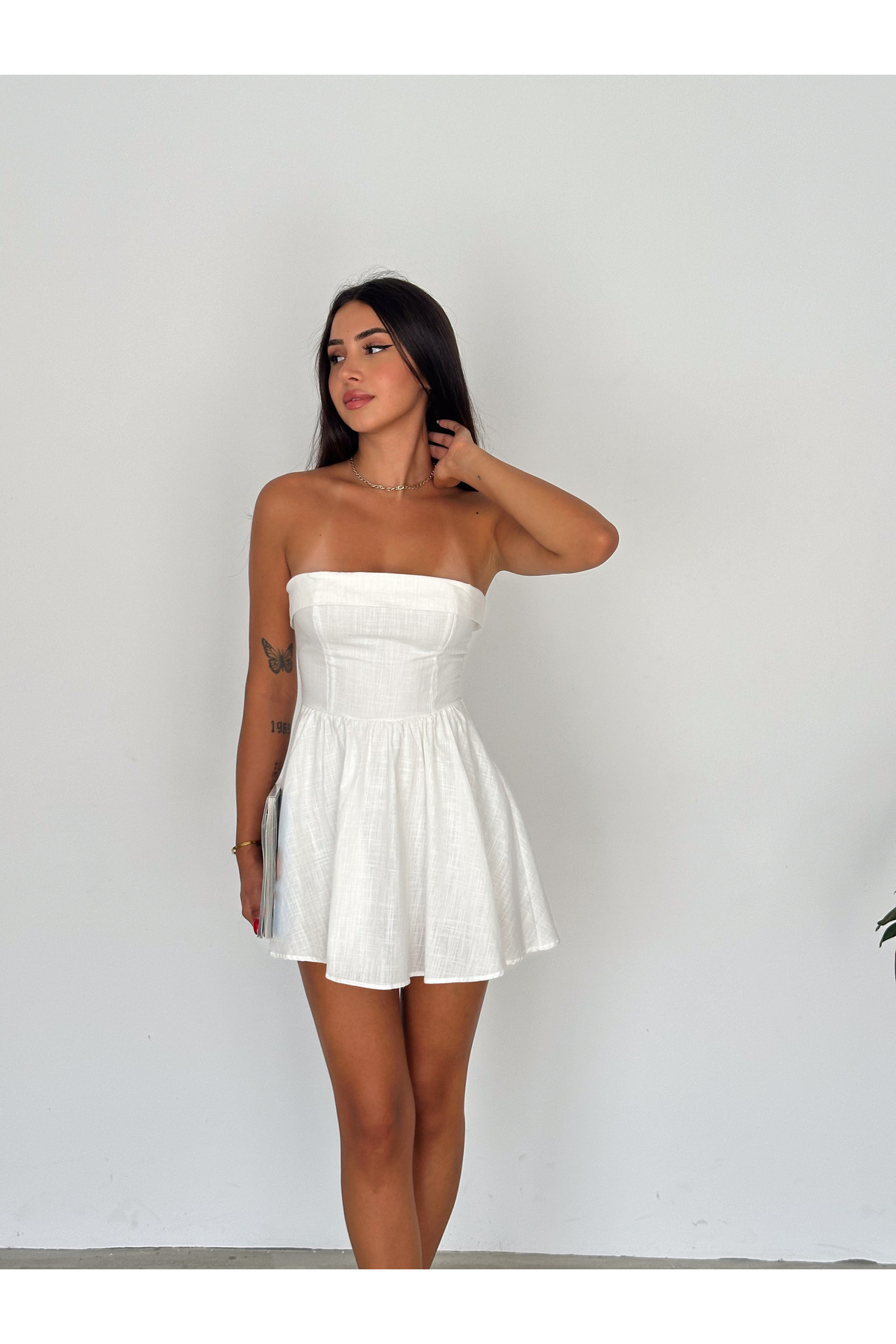 Pamuklu Pliseli Straplez Peplum Üst