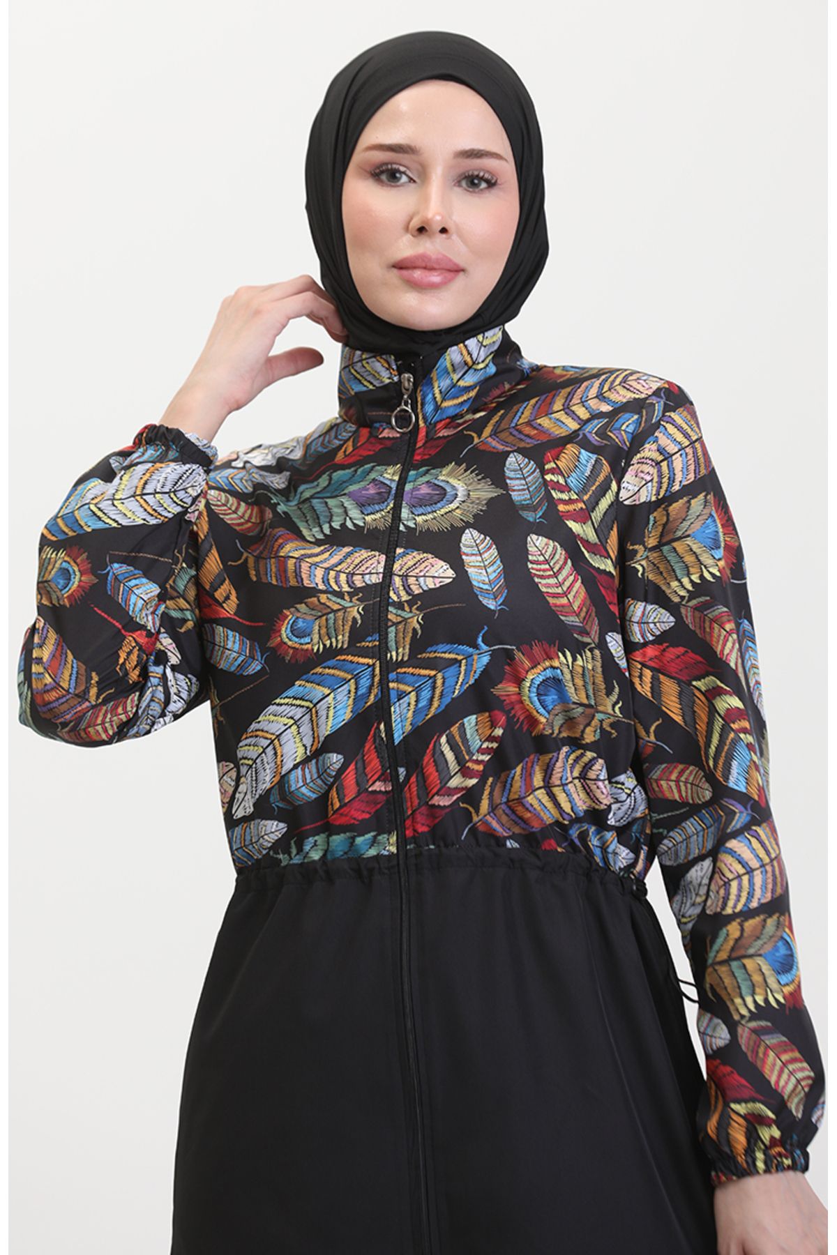 sefamerve-Schwarzer tropischer Hijab-Badeanzug – elastische Taille, Modell 5040-01 4