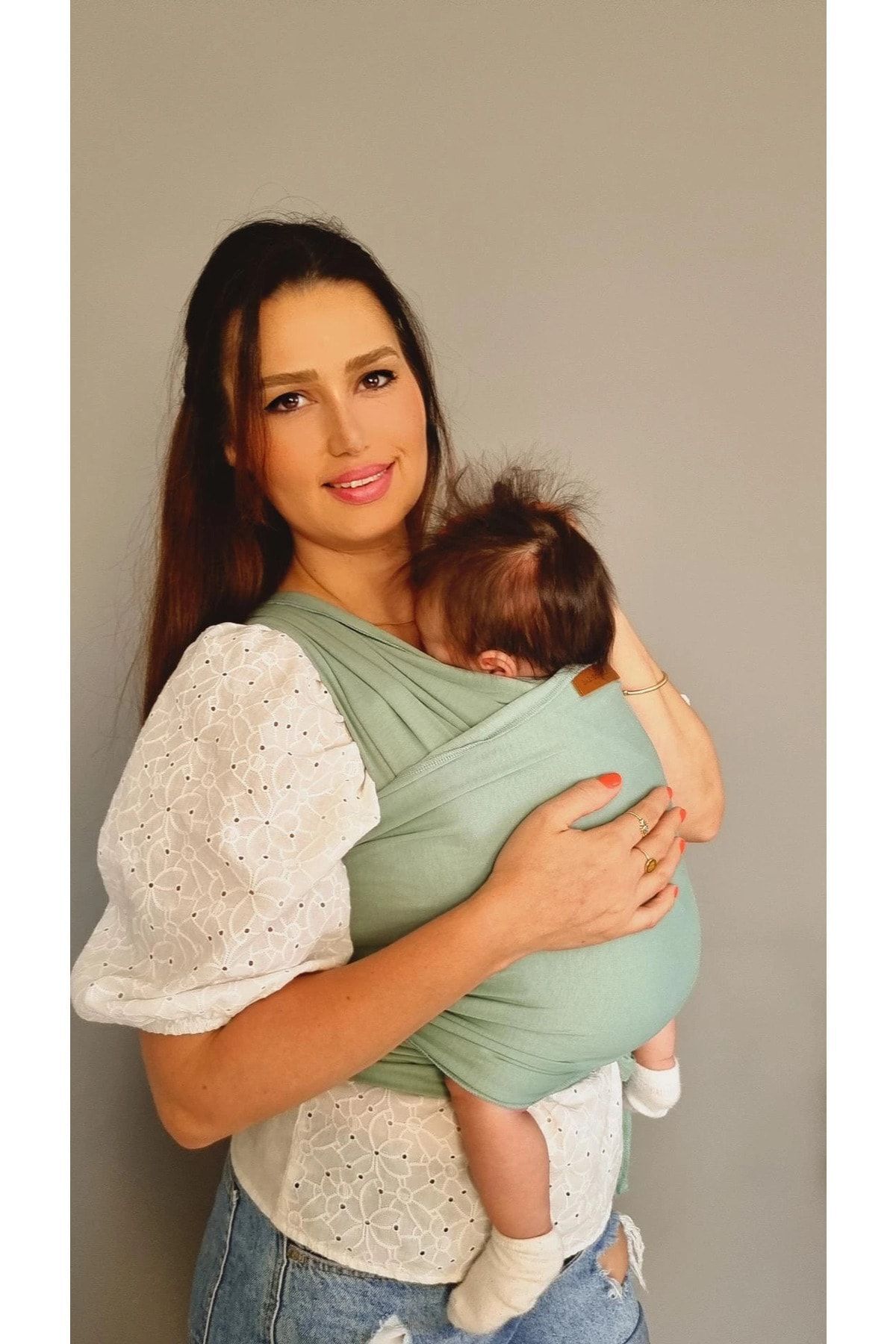 Boroosh Baby Esnek Bebek Wrap Sling %100 Pamuklu Kese Ve Bere Hediyeli Yeşil Bebek Taşıma Şalı fotoğrafı 5 (önizleme)