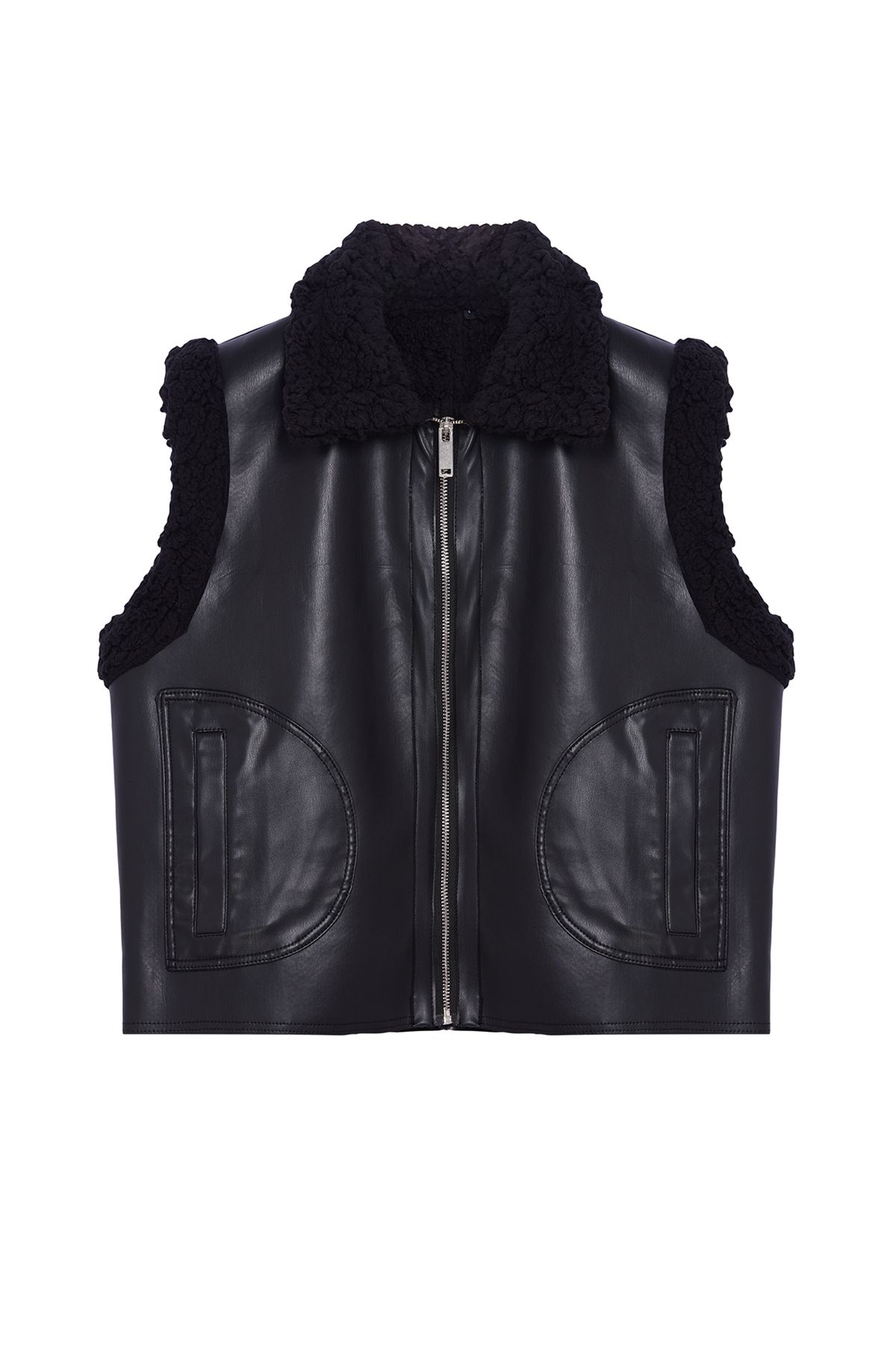 Trendyol Collection-Schwarze Winterweste aus Kunstleder mit Plüschdetails in normaler Passform TWOAW25YE00038 6