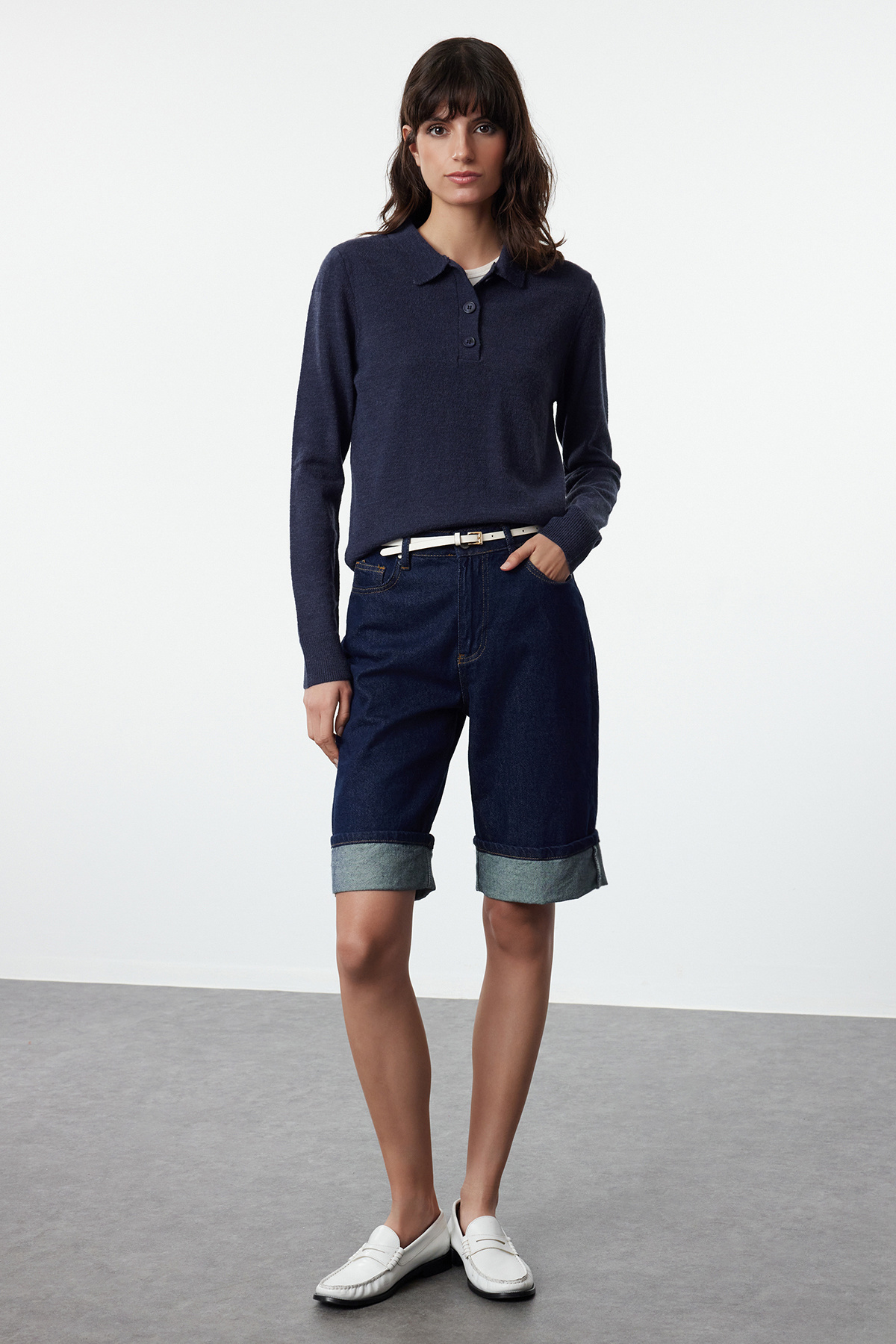 Trendyolmilla  Lacivert Yünlü Polo Yaka Triko Kazak TWOAW25KZ00025 - Görsel 2