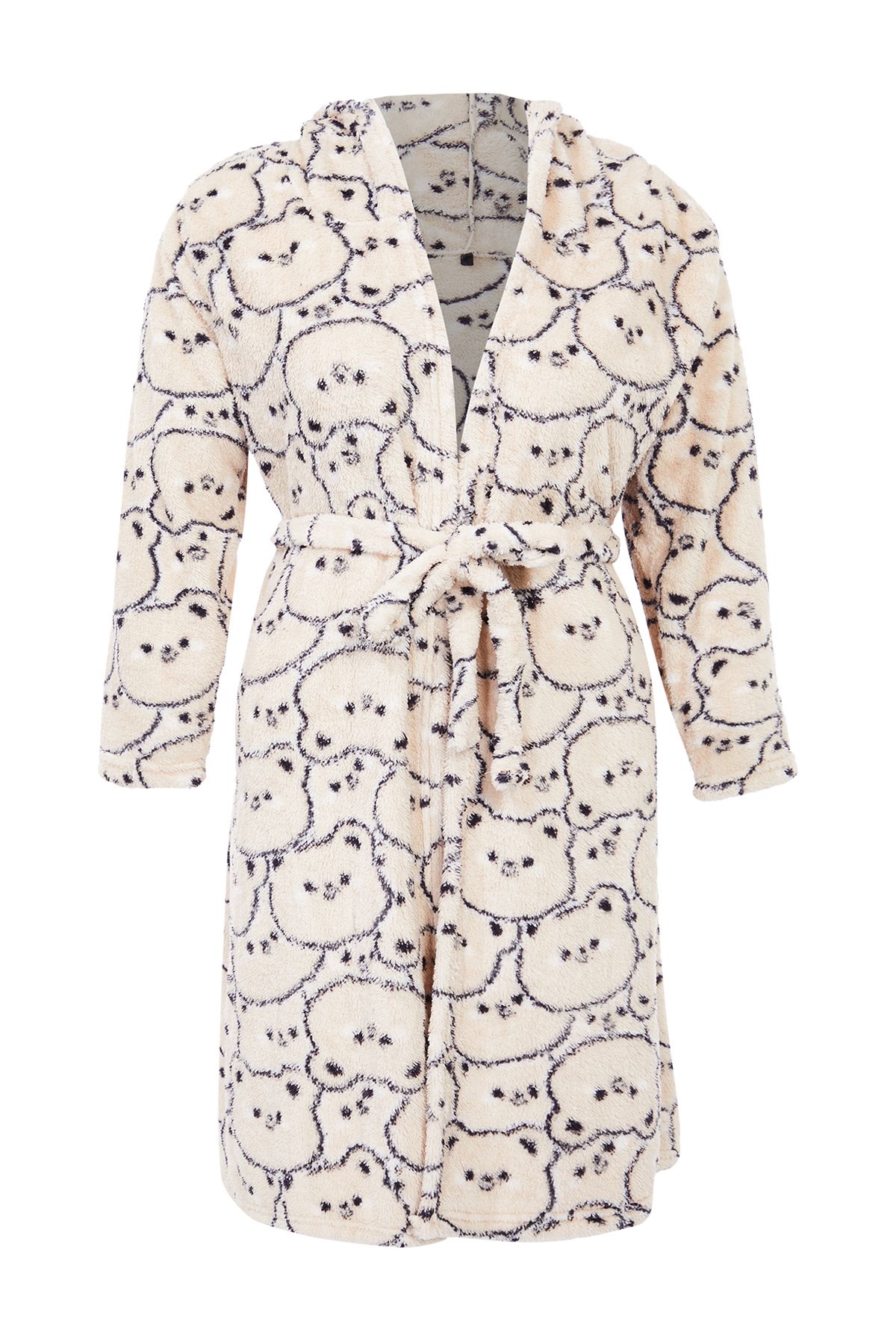 Trendyol Curve Plüsch-strick-morgenmantel – Cremefarbener Teddybär-aufdruck, Wellsoft für Damen - 4XL