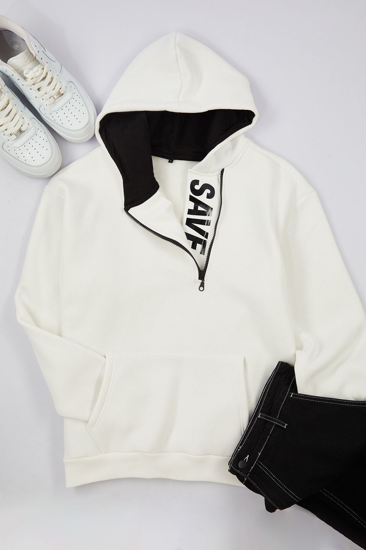 Trendyol Collection-Oversize Ecru Fleecová mikina s kapucí - zip uvnitř Text tištěný Tmnaw25Sw00074 2