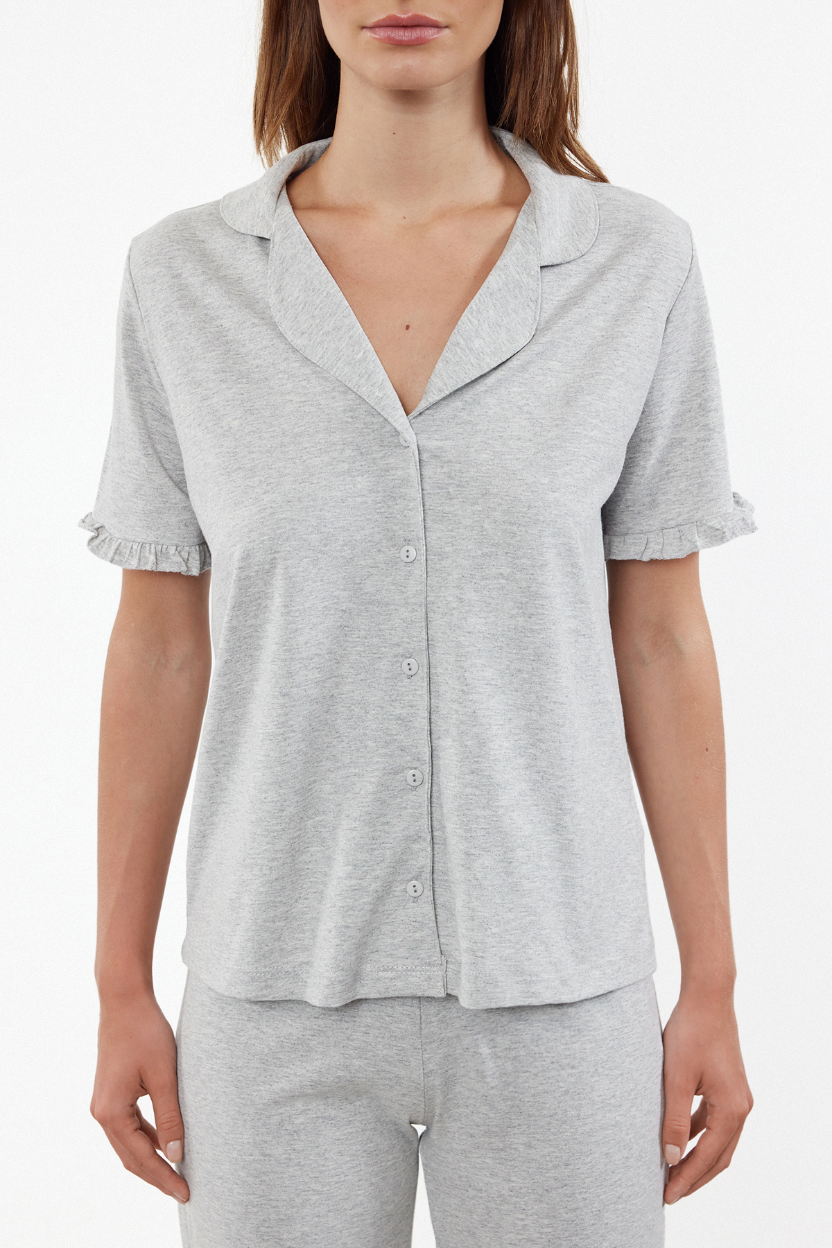 Trendyolmilla  Gri Melanj %100 Pamuklu Fırfır Detaylı Örme Pijama Takımı THMSS24PT00223 - Görsel 3