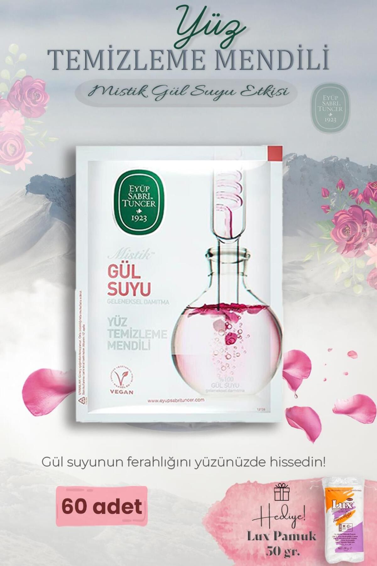 دستمال مرطوب پاک کننده صورت و کادوی پنبه ای میستیک رز واتر 60 بسته Eyüp Sabri Tuncer