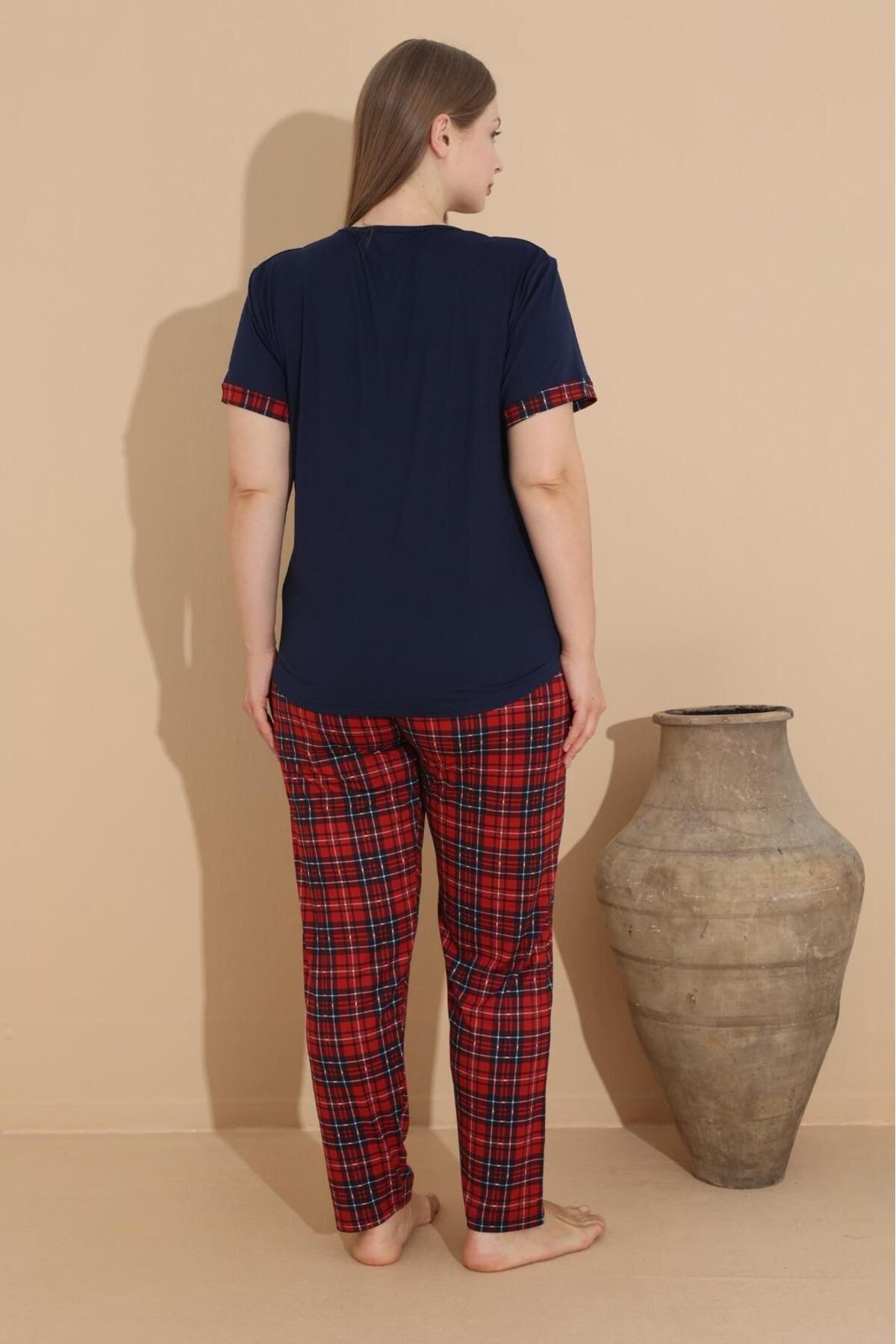 Temporium-Plus Size Curve Patterned Short Sleeve Milan Fabric Pajamas Set - 1st Quality Bamboo 3