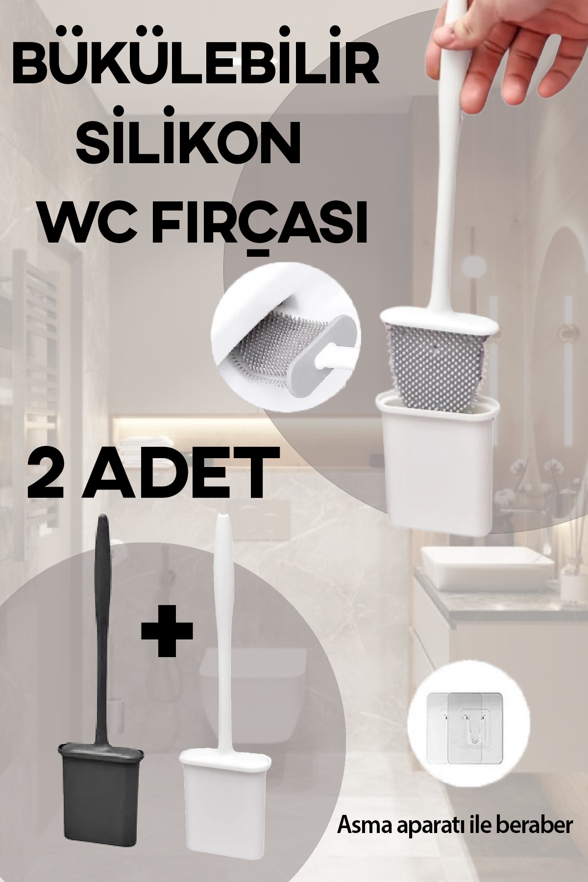 Black and White 1+1 Color Silicone Toilet Brush Set Bendable Practical Silicone Brush WC Toilet Brush