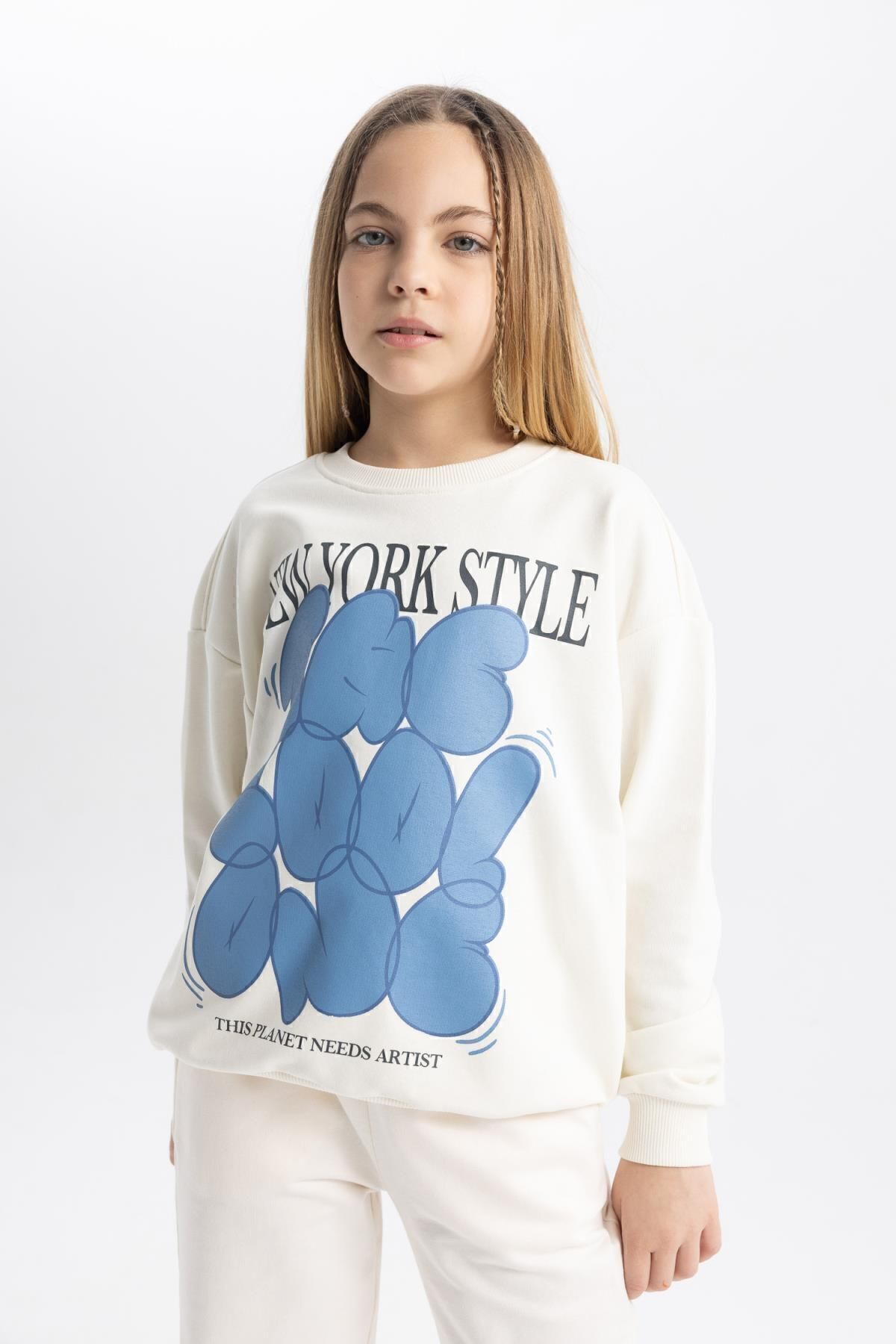 Kız Çocuk Oversize Fit Bisiklet Yaka Baskılı Sweatshirt Tycotlqqan170529861944886