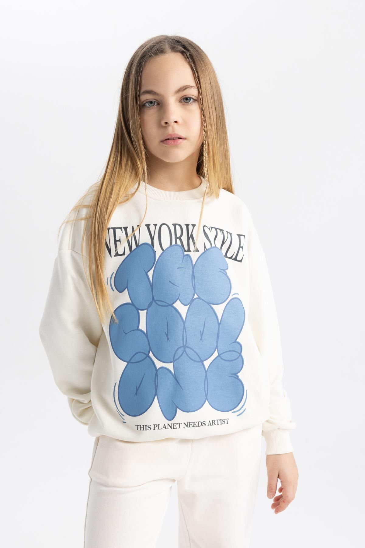 Kız Çocuk Oversize Fit Bisiklet Yaka Baskılı Sweatshirt Tycotlqqan170529861944886