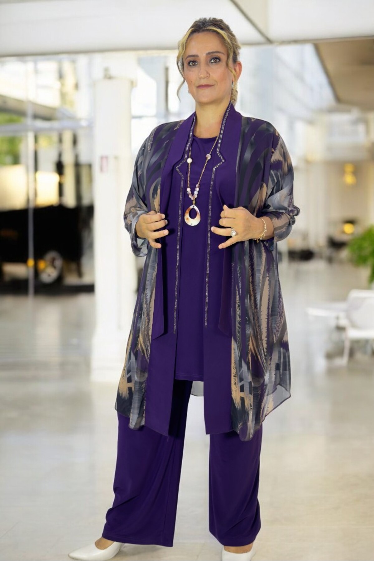 UNLINED STONE EMBROIDERED SHAWL COLLAR JACKET  BUZZY FABRIC BLOUSE +  PANTS PLUS SIZE 3PCS SET