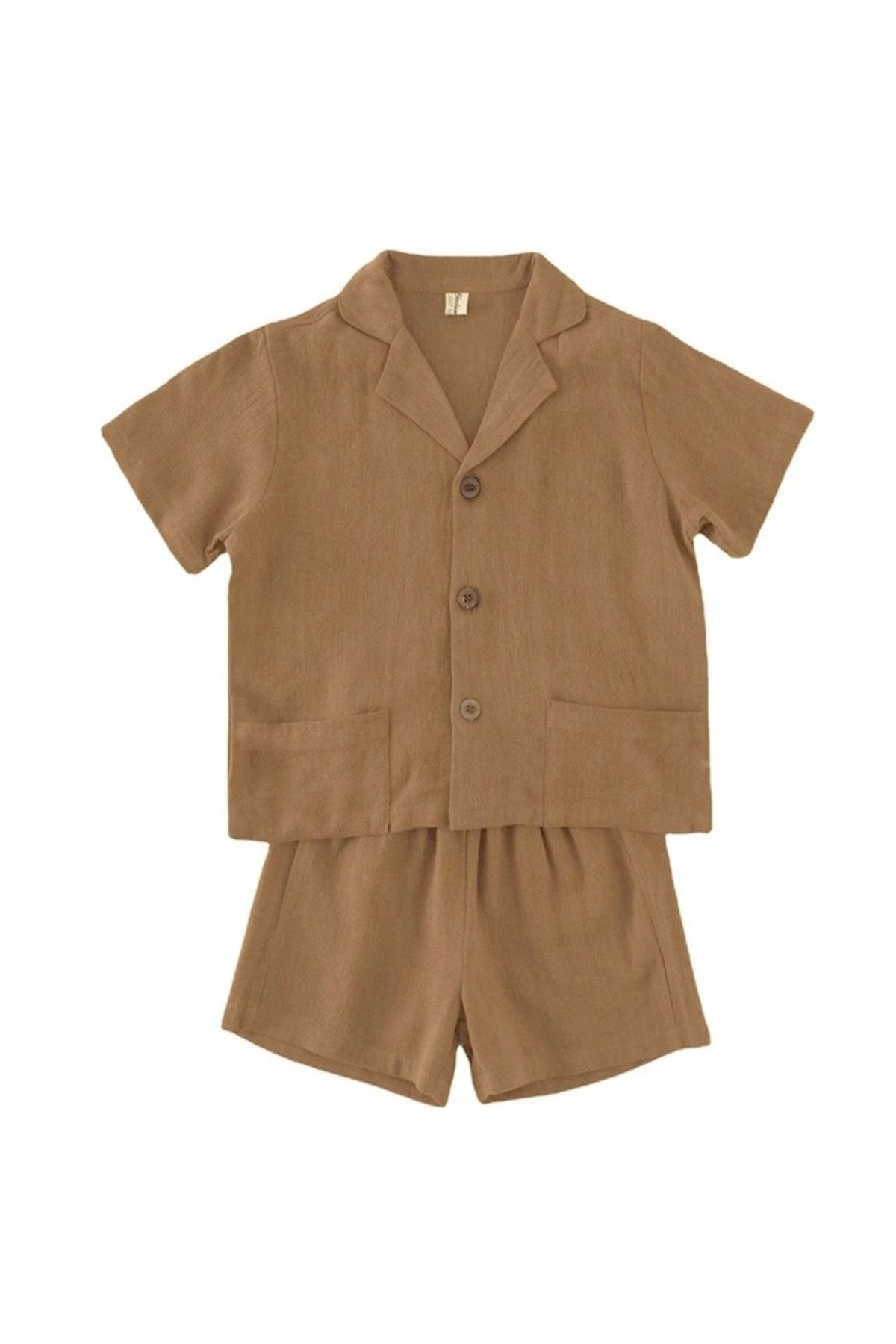 barin kids Erkek & Kız Çocuk Unisex Yazlık %100 Pamuk Keten Gömlek Şort Takım fotoğrafı 3 (önizleme)