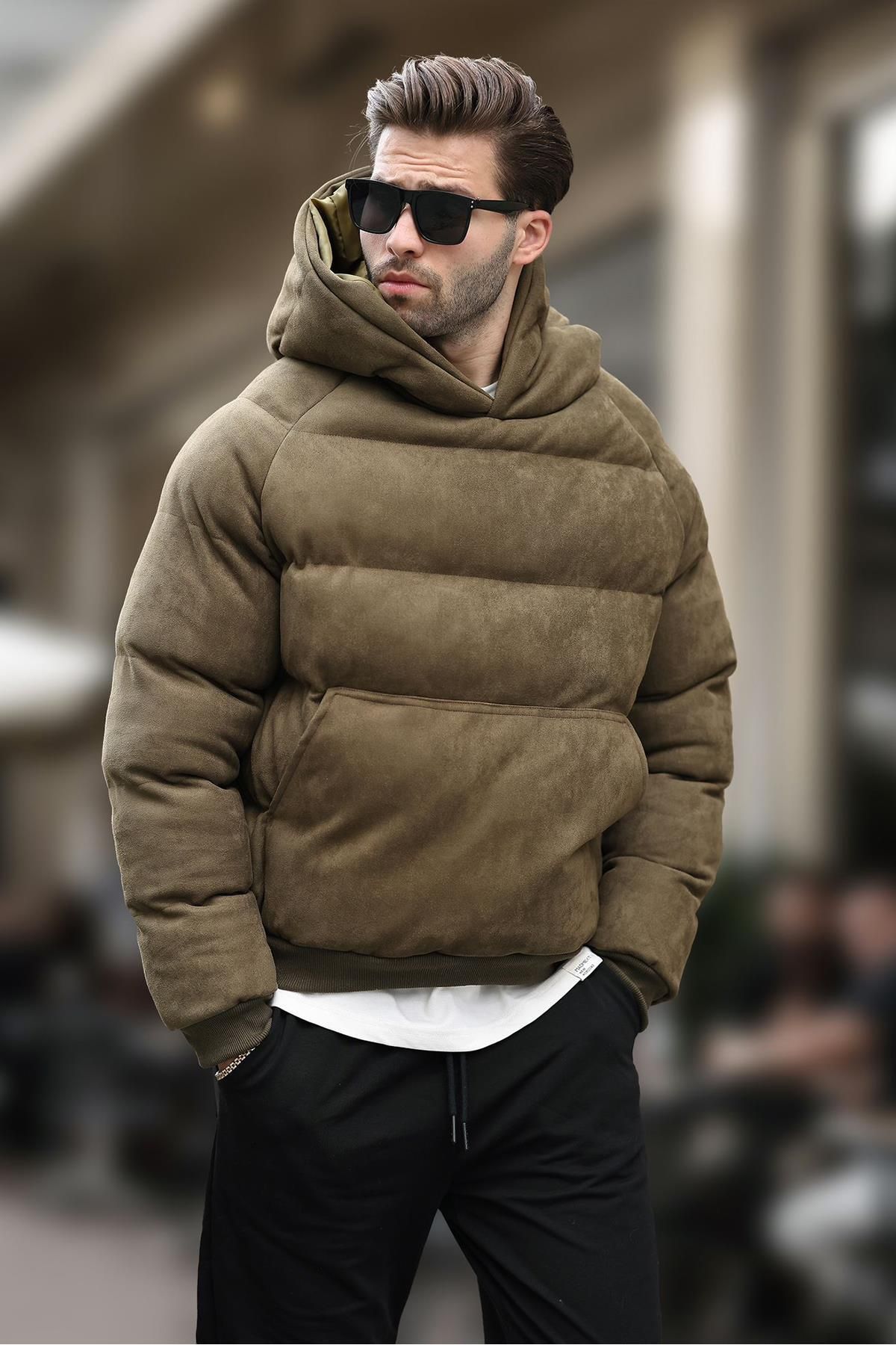 مانتو پفی مردانه کلاهدار خاکی