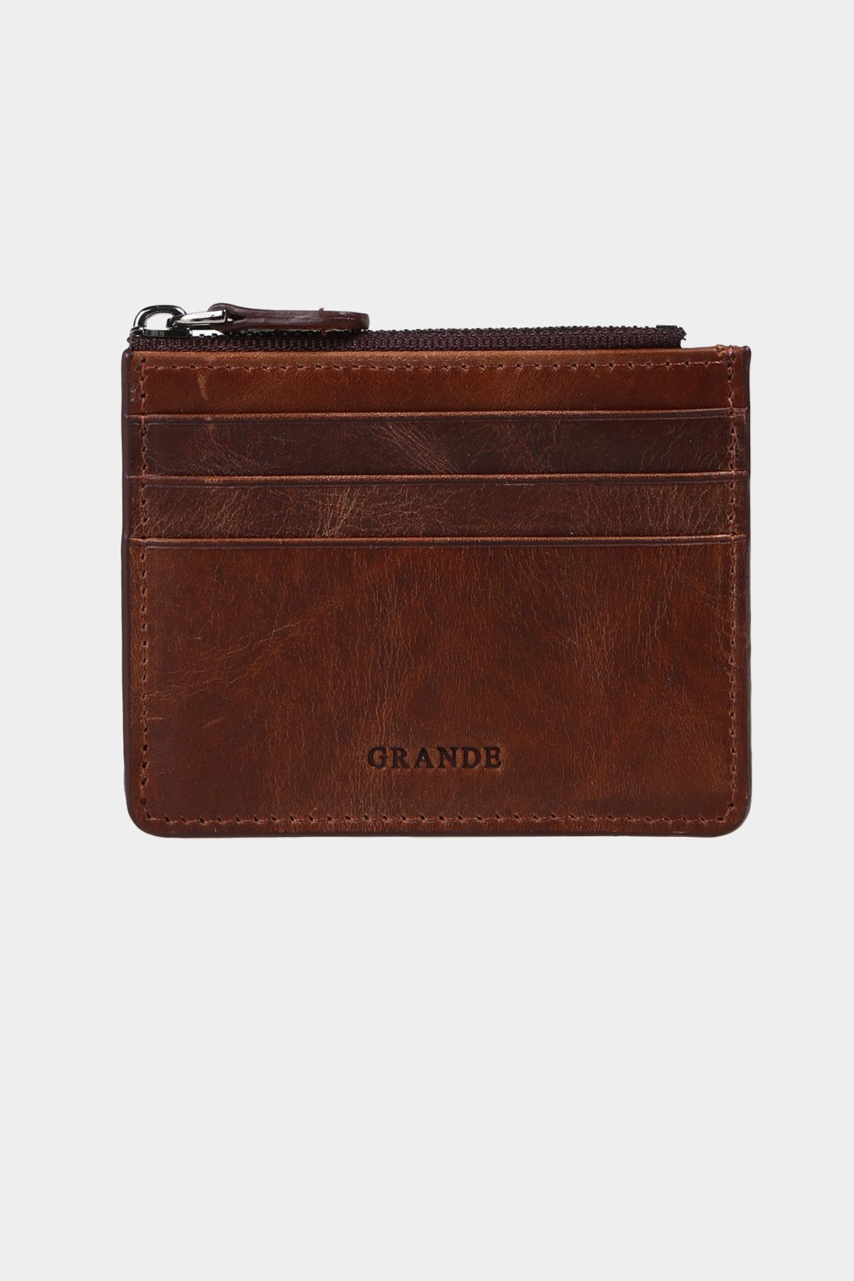 Grande 3603 Hakiki Deri Bozuk Para Hazneli Fermuarlı Kadın Erkek Cüzdan Kartlık Eskitme Kahve