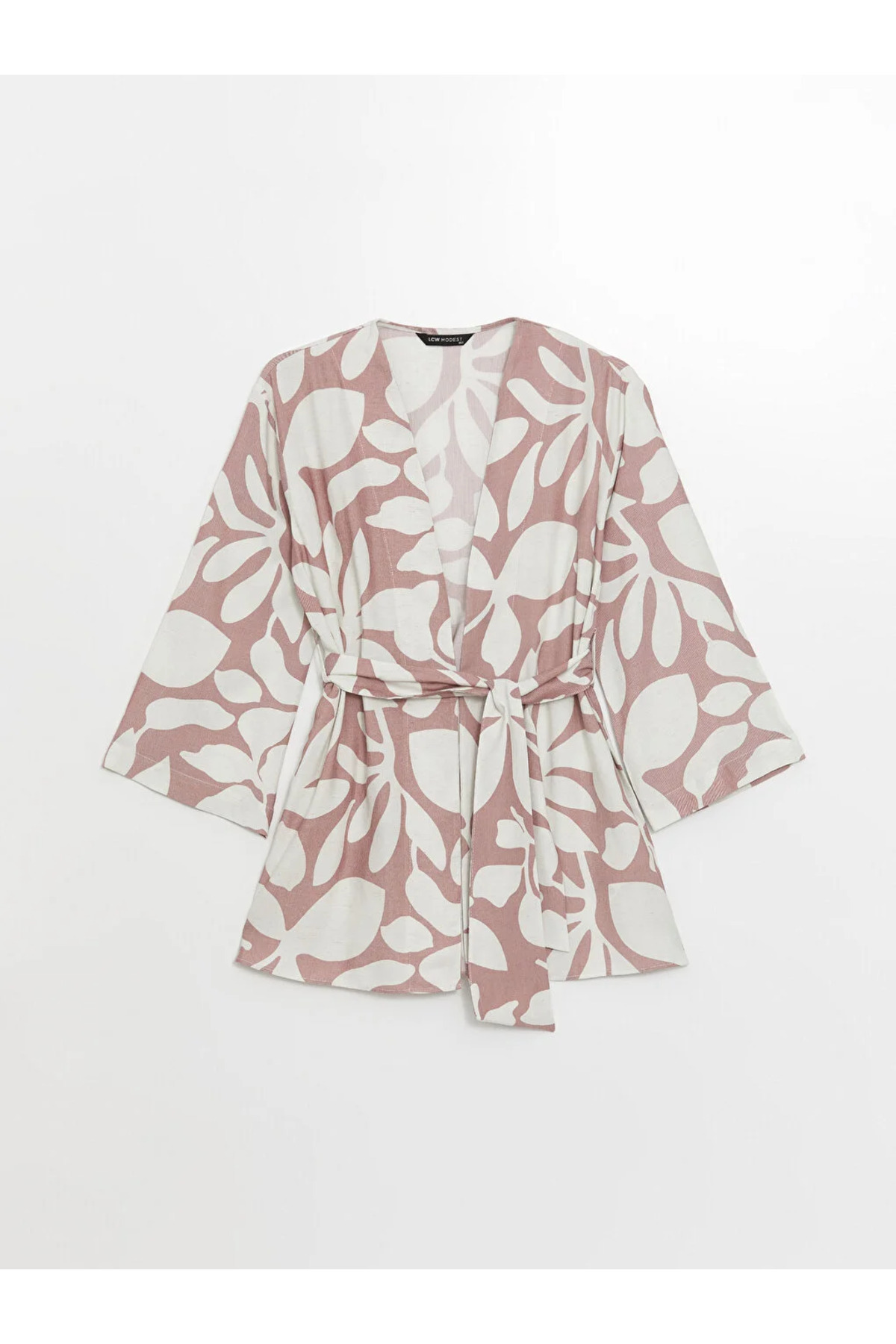 LCW Modest Şal Yaka Desenli Uzun Kollu Oversize Keten Karışımlı Kadın Kimono