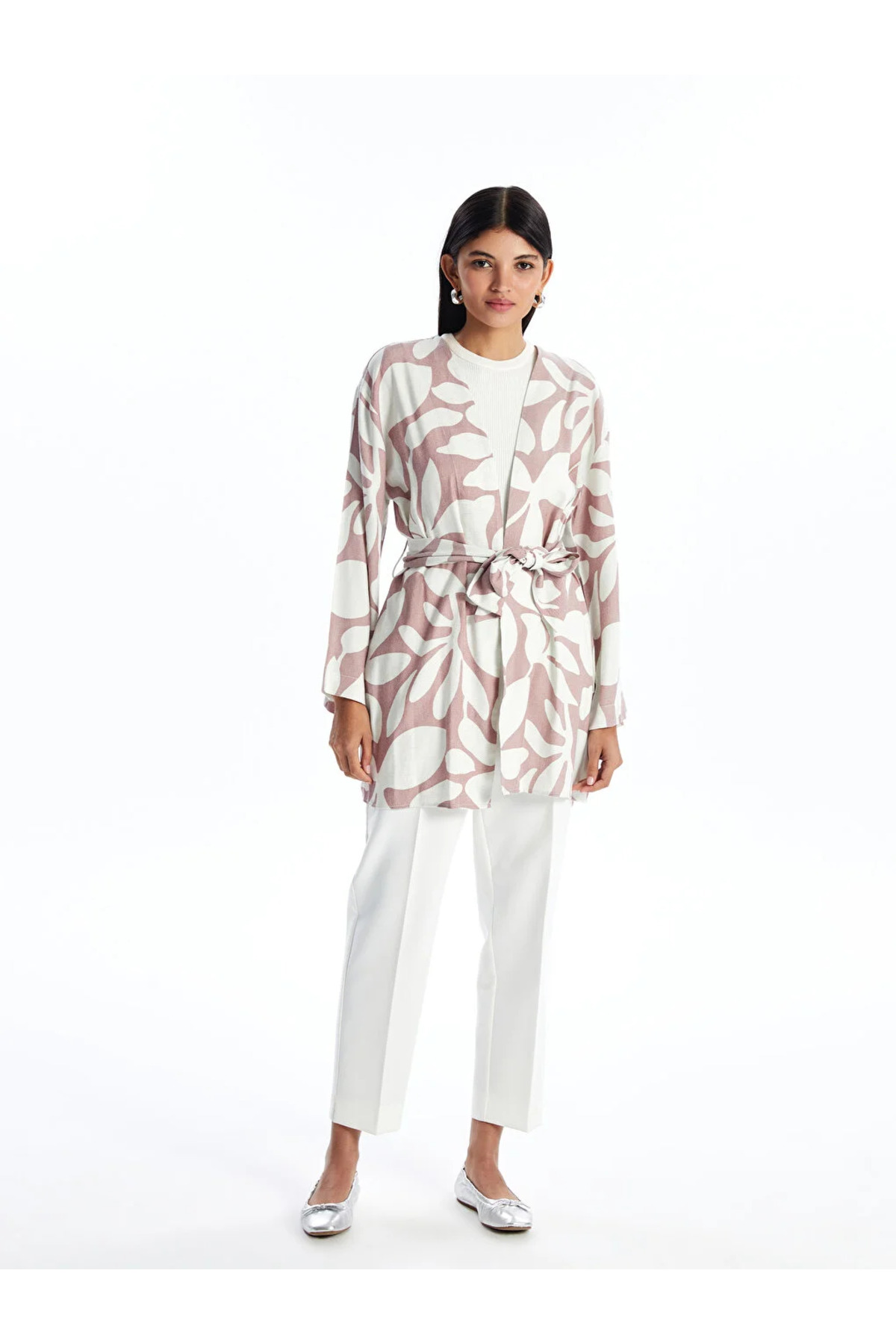 LCW Modest Şal Yaka Desenli Uzun Kollu Oversize Keten Karışımlı Kadın Kimono