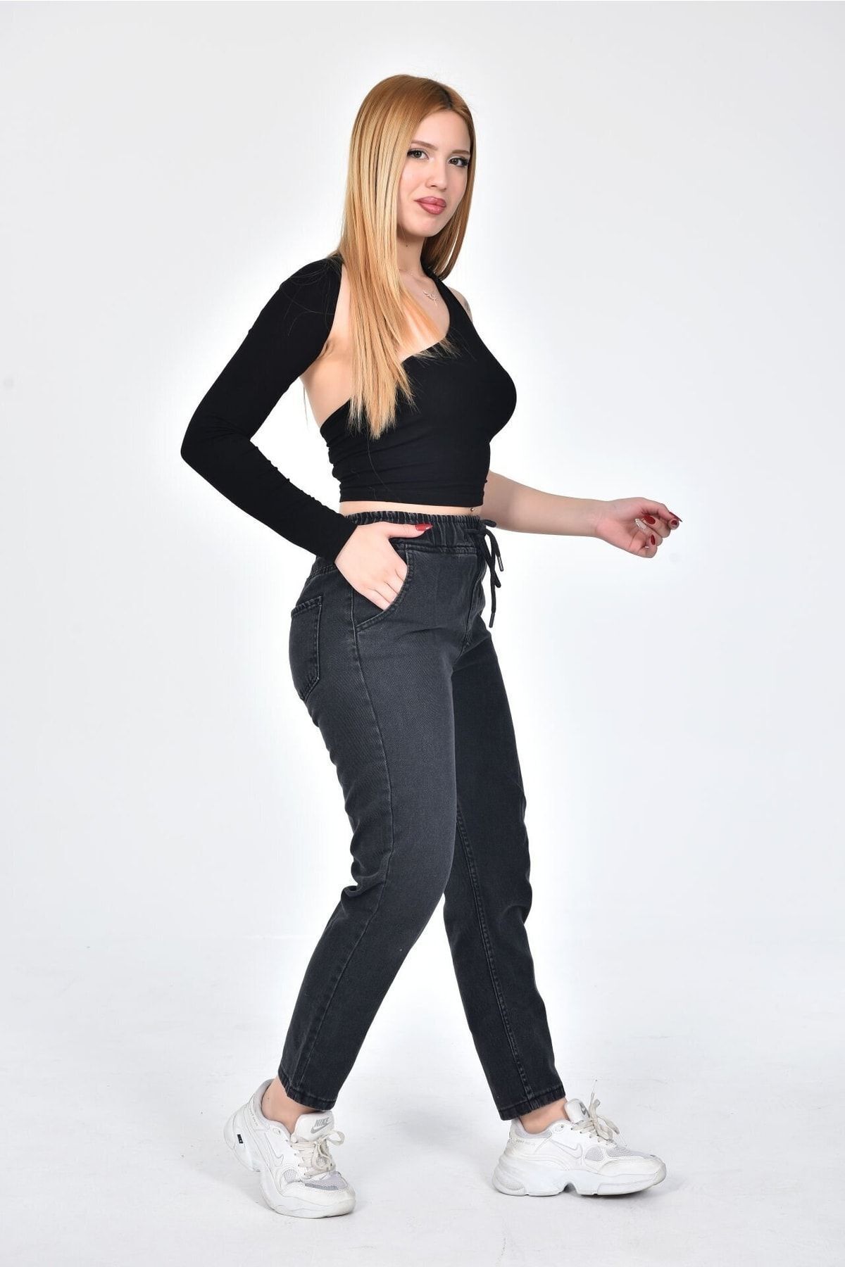 ZEREN MODA-High Waist Narrow Leg Elastic Lace-up Mom Jean Jeans 1