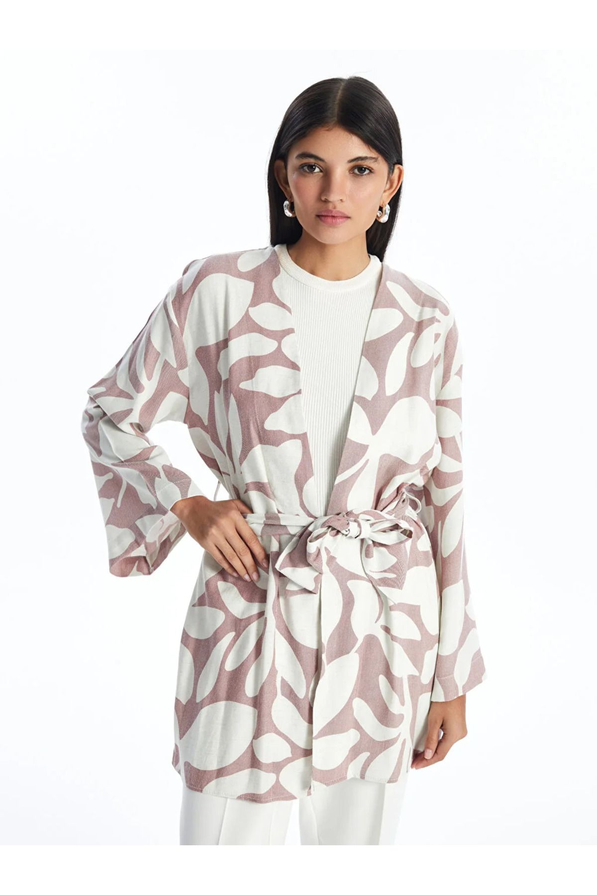 LCW Modest Şal Yaka Desenli Uzun Kollu Oversize Keten Karışımlı Kadın Kimono