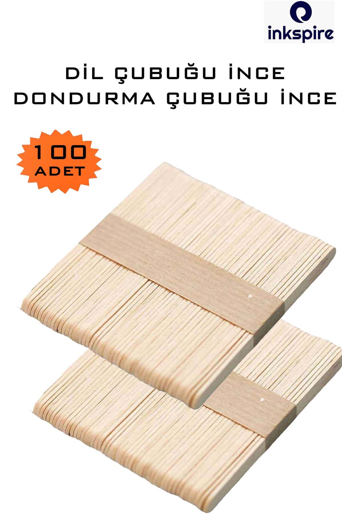 inkspire 100'lü Naturel Dar Ahşap Dil Çubuğu Dondurma Çubuğu Abeslang Çubuğu Renksiz İnce Maket Proje Çubuğu