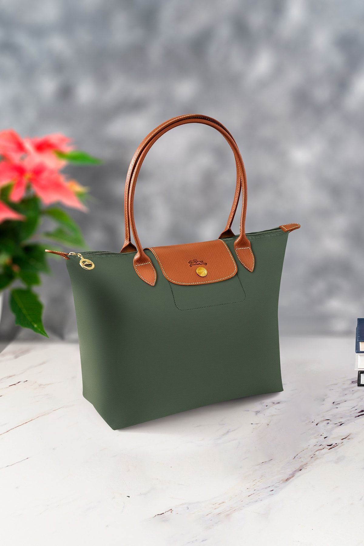 Khaki Color Snap Fastener Real Leather Handle Foldable Women's Shoulder Bag Longchamp Style