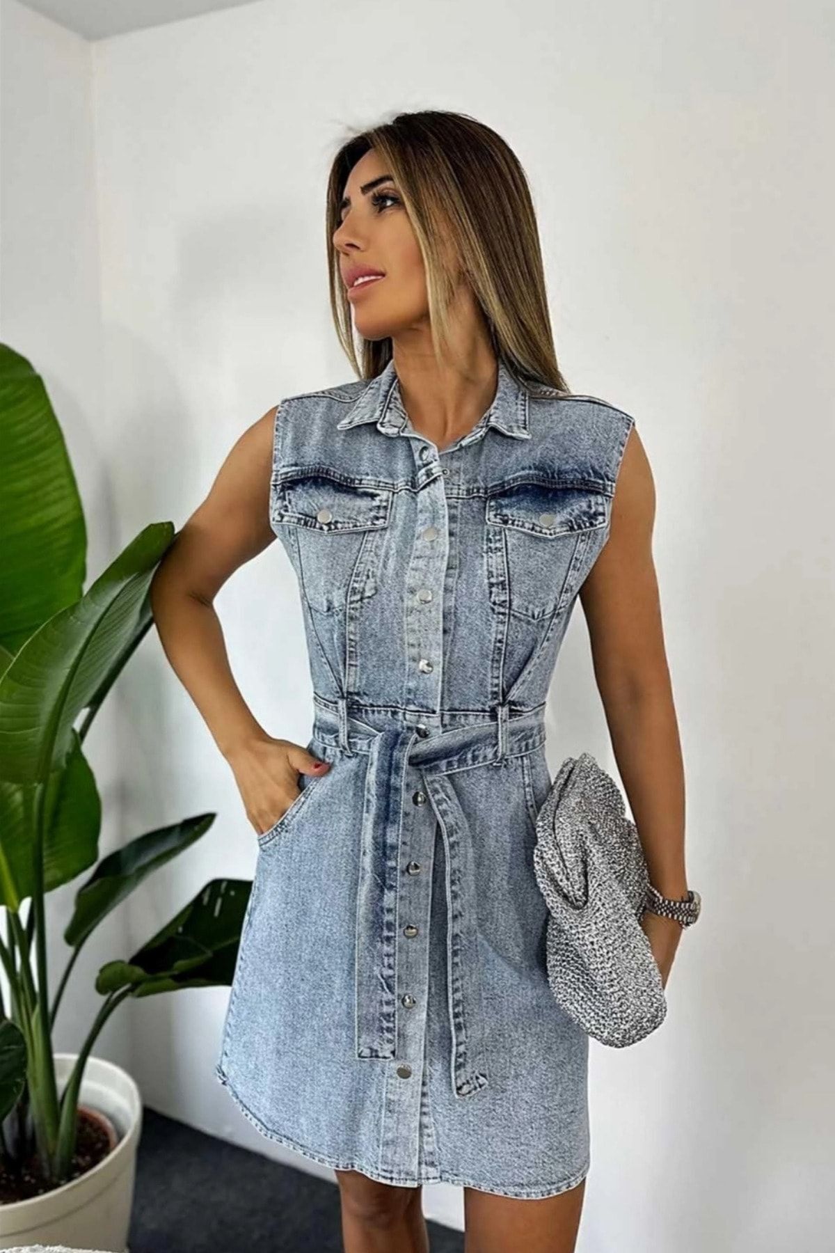 lady special-Rochie de damă albastră din denim fără mâneci, cu curea 4