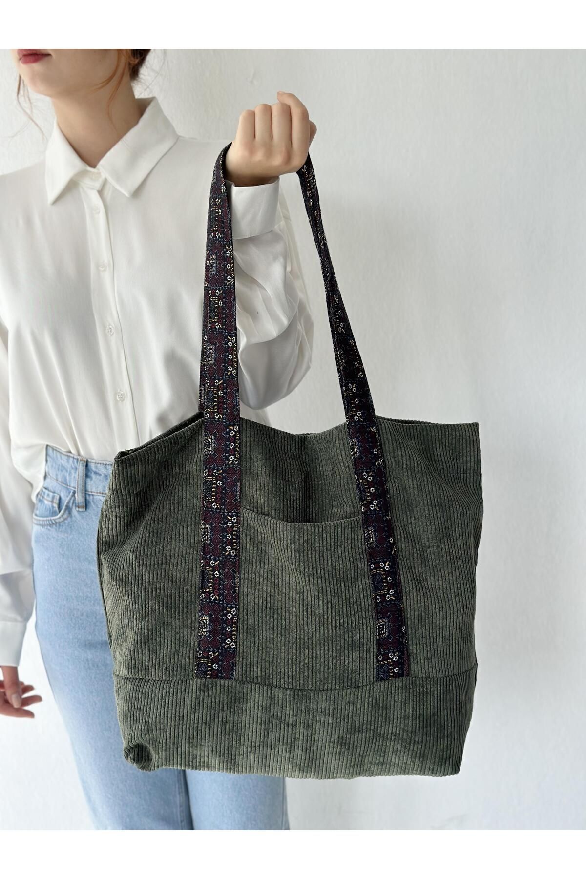Retrobird-Geantă Tote Catifea Design Geantă Cumparaturi Femei Kaki 6