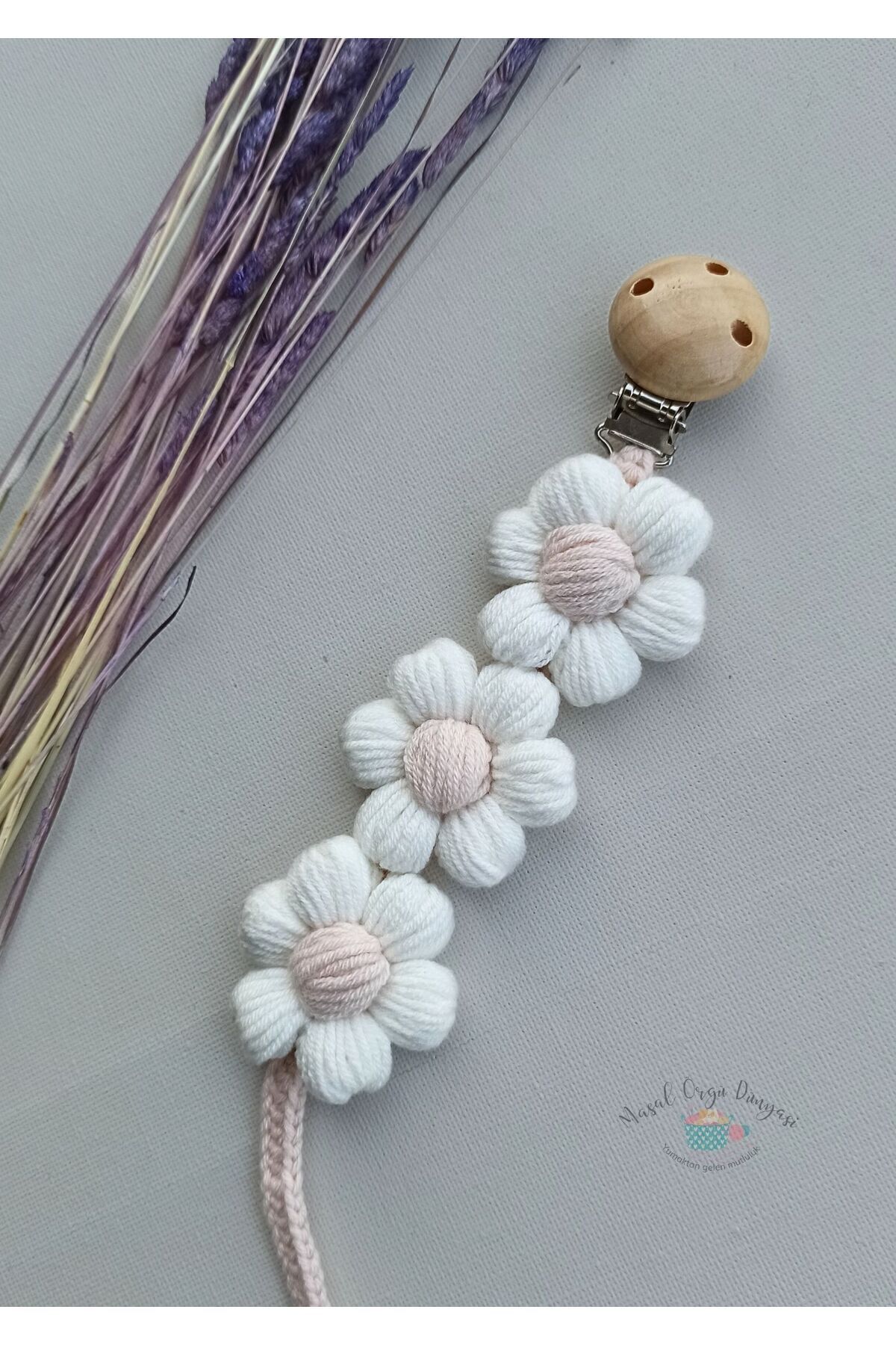 Masal Örgü Dünyası-Puf Papatyam Pacifier Strap/ Chain New Collection from Natural Strings 4