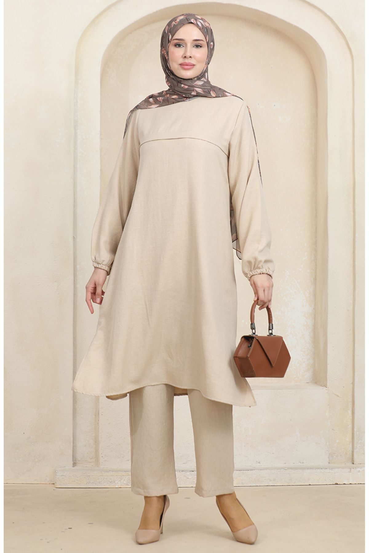 sefamerve-Mink Sleeve Elastic Tunic and Trousers Double Set - 1005-02 2